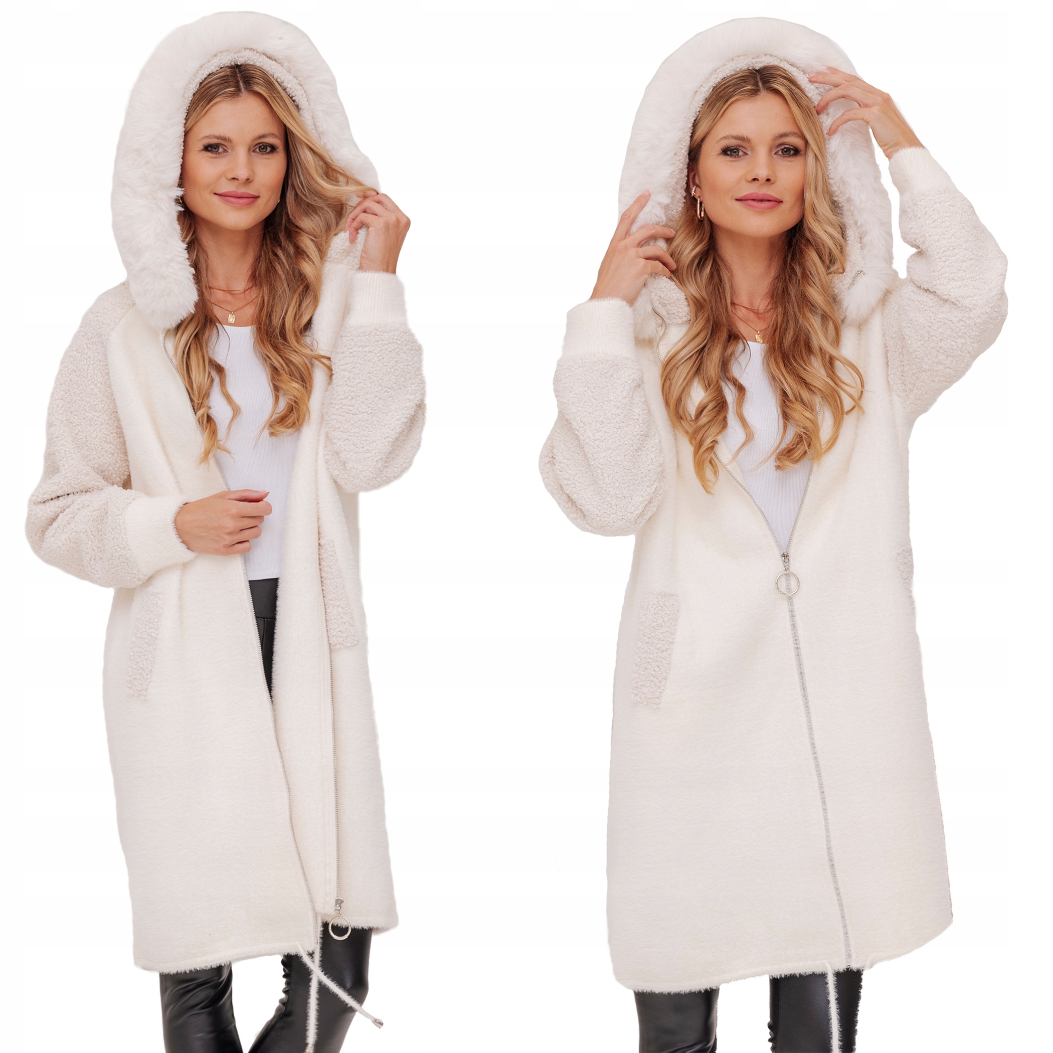 Dlouhá Teplá Alpaka S Beránkem, Kabát S Teplou Vlnou S Kapucí Ecru