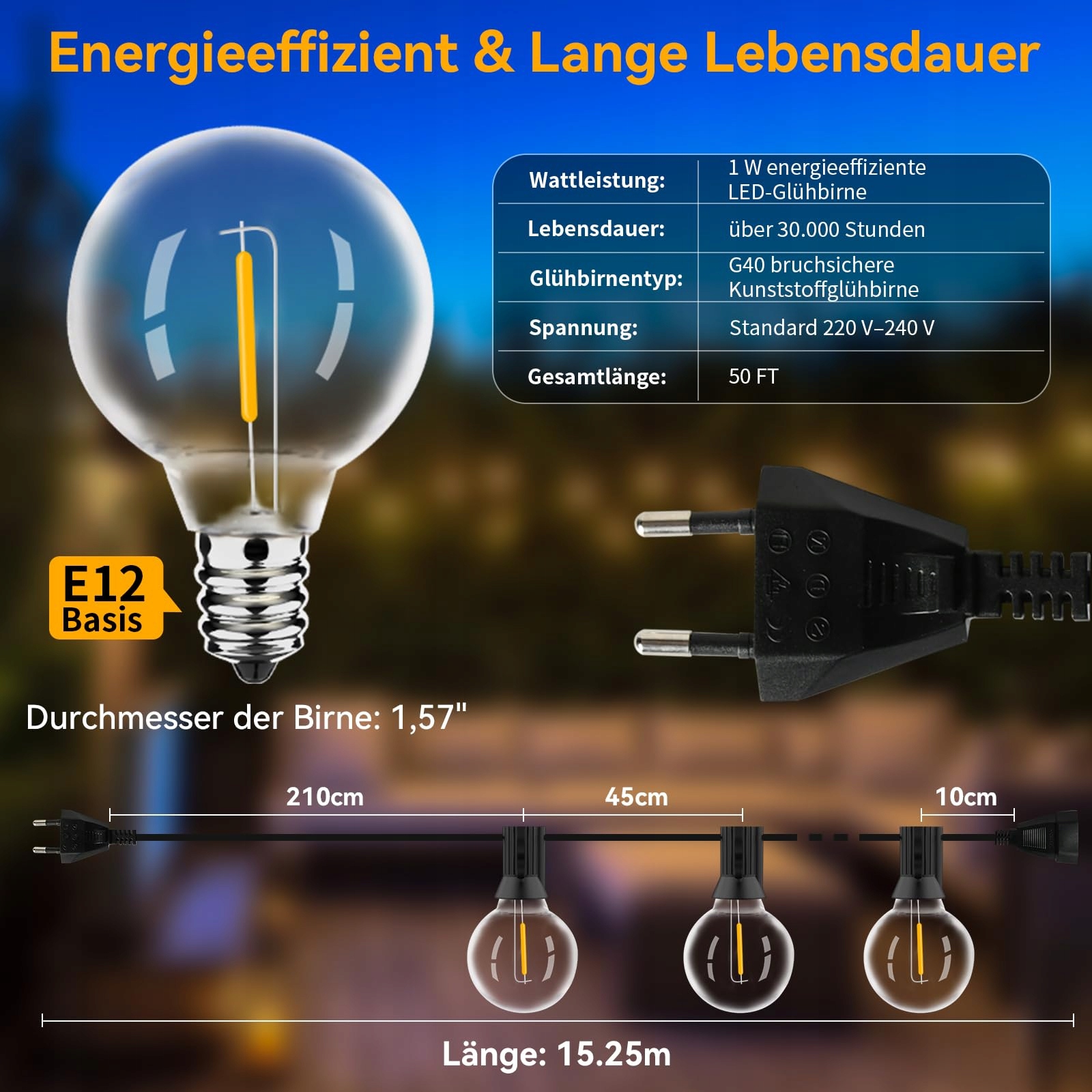 AVANLO Zewnętrzne Lampki LED 15M Wodoodporne Na Ogród Balkon Wesele Imprezy — miniatura 3