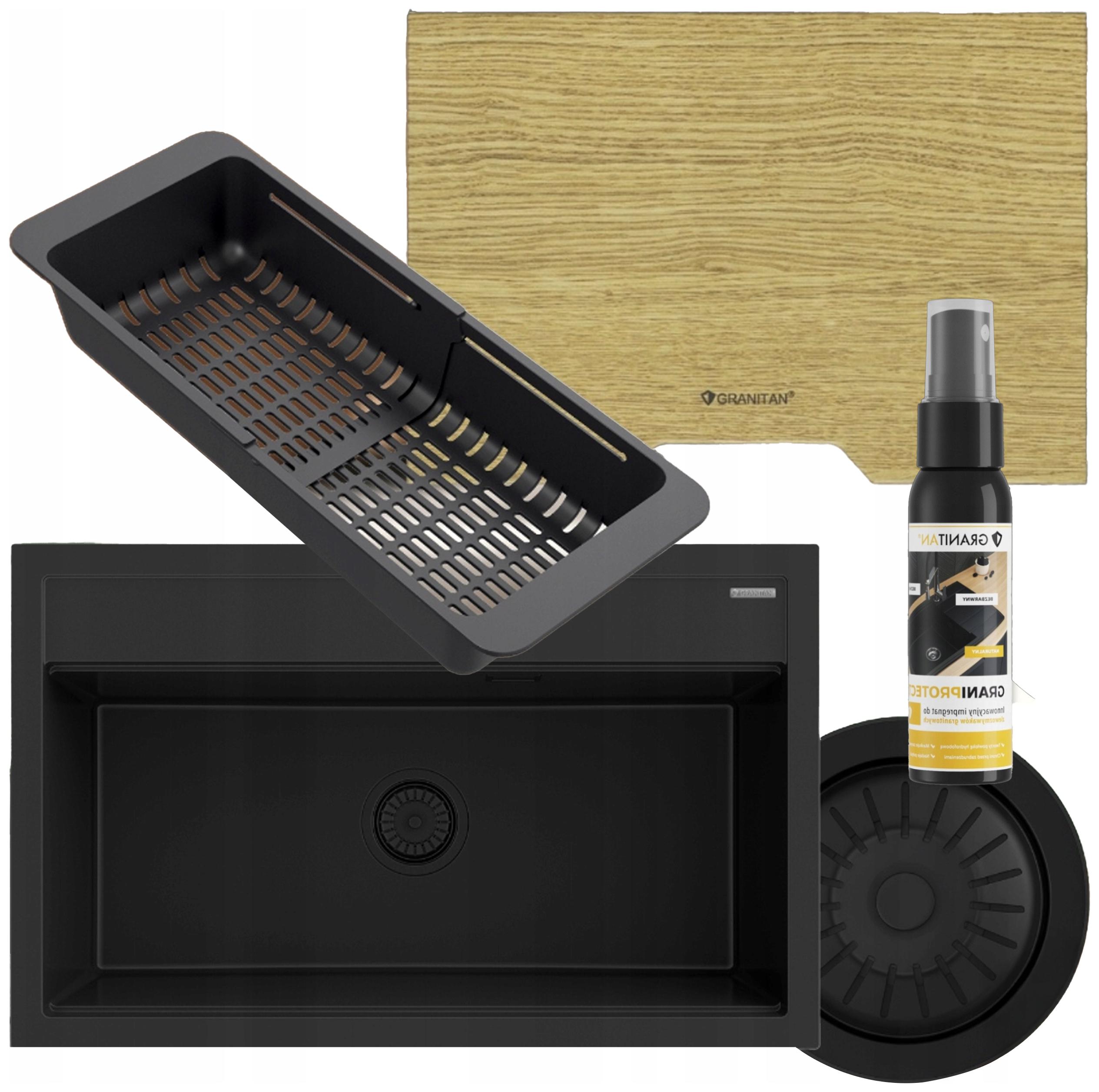 Dřez Granitový Černý Velký Dřevěné Prkénko Odkapávač Syfon Sada Asti