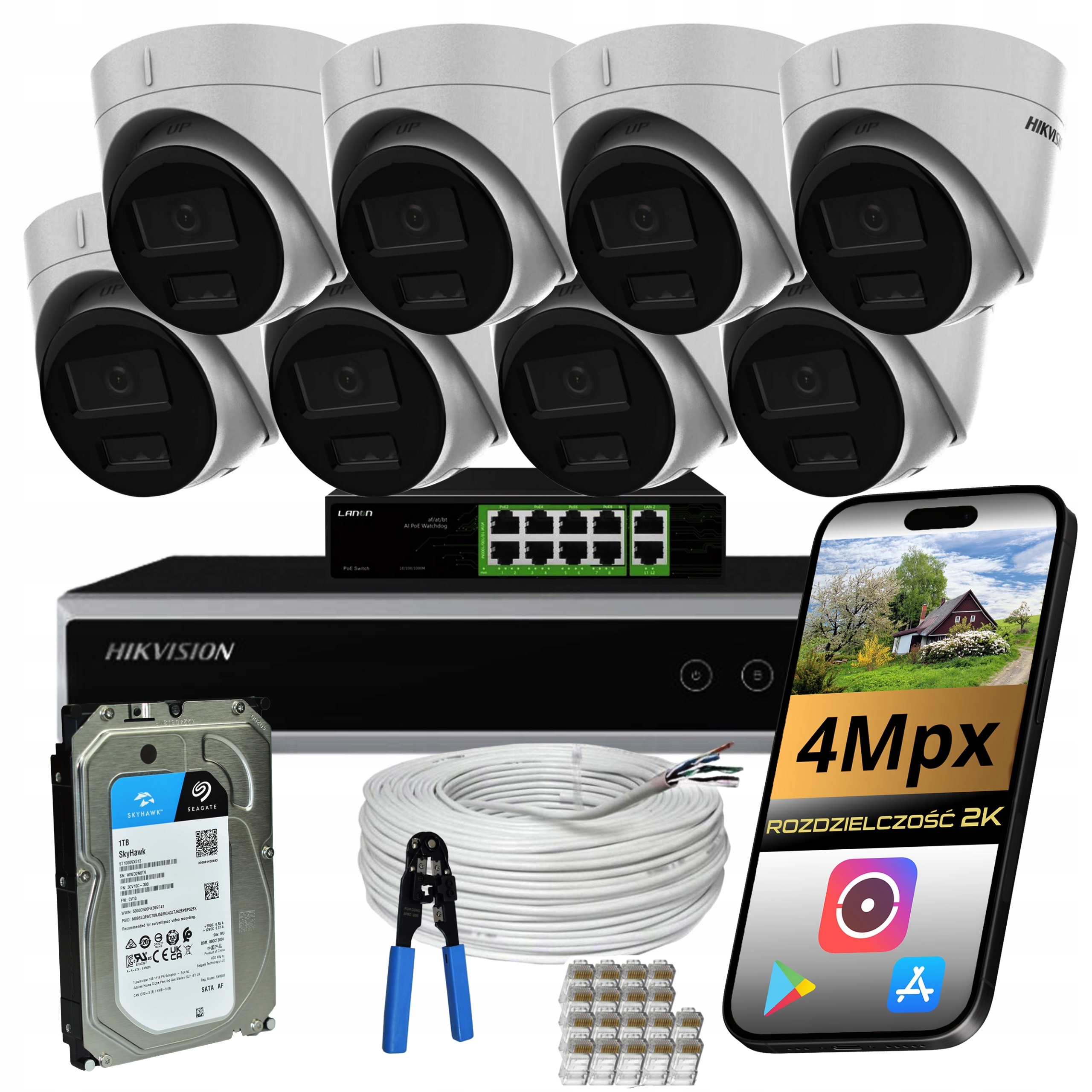 Zestaw 8 Kamer Do Monitoringu Ip Poe 4Mpx Dual Led Ir Hikvision 1TB Komplet