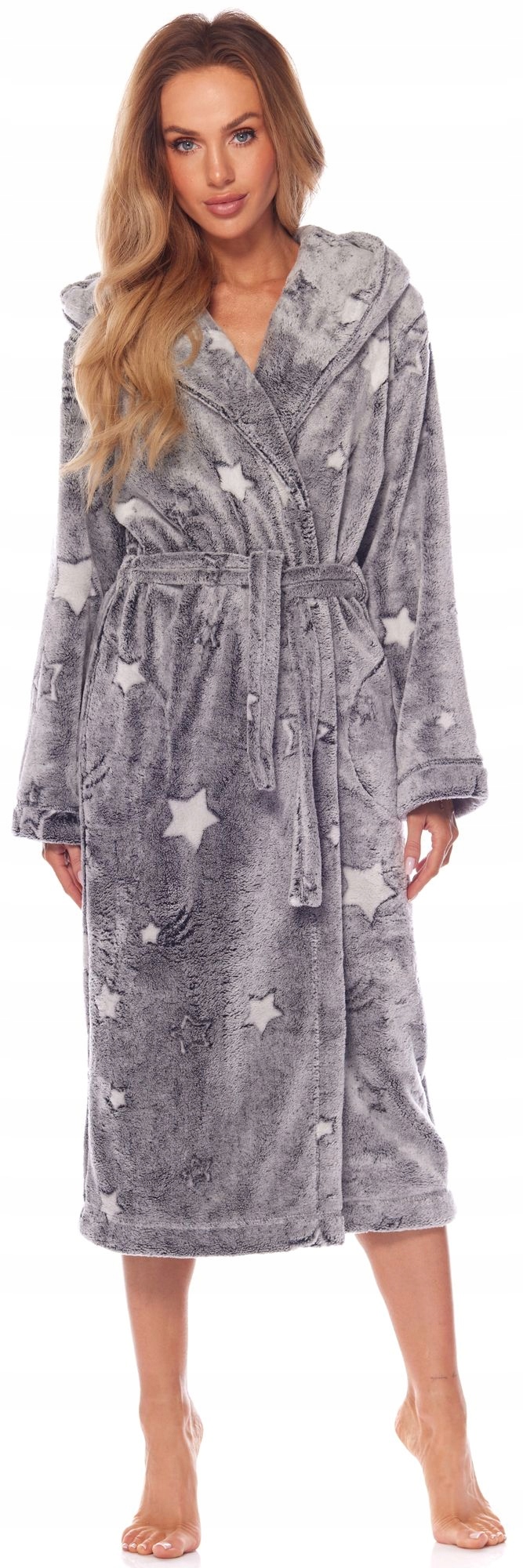 DŁUGI CIEPŁY PUCHOWY DAMSKI SZLAFROK PODOMKA M Kaptur z kapturem