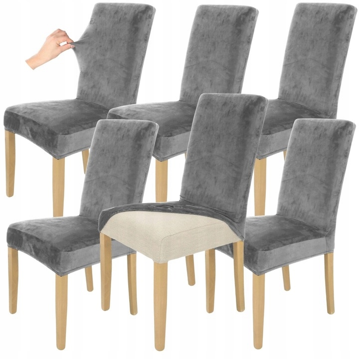 Sada 6 Ks Potahů Na Židli Šedý Velur Elastczyny