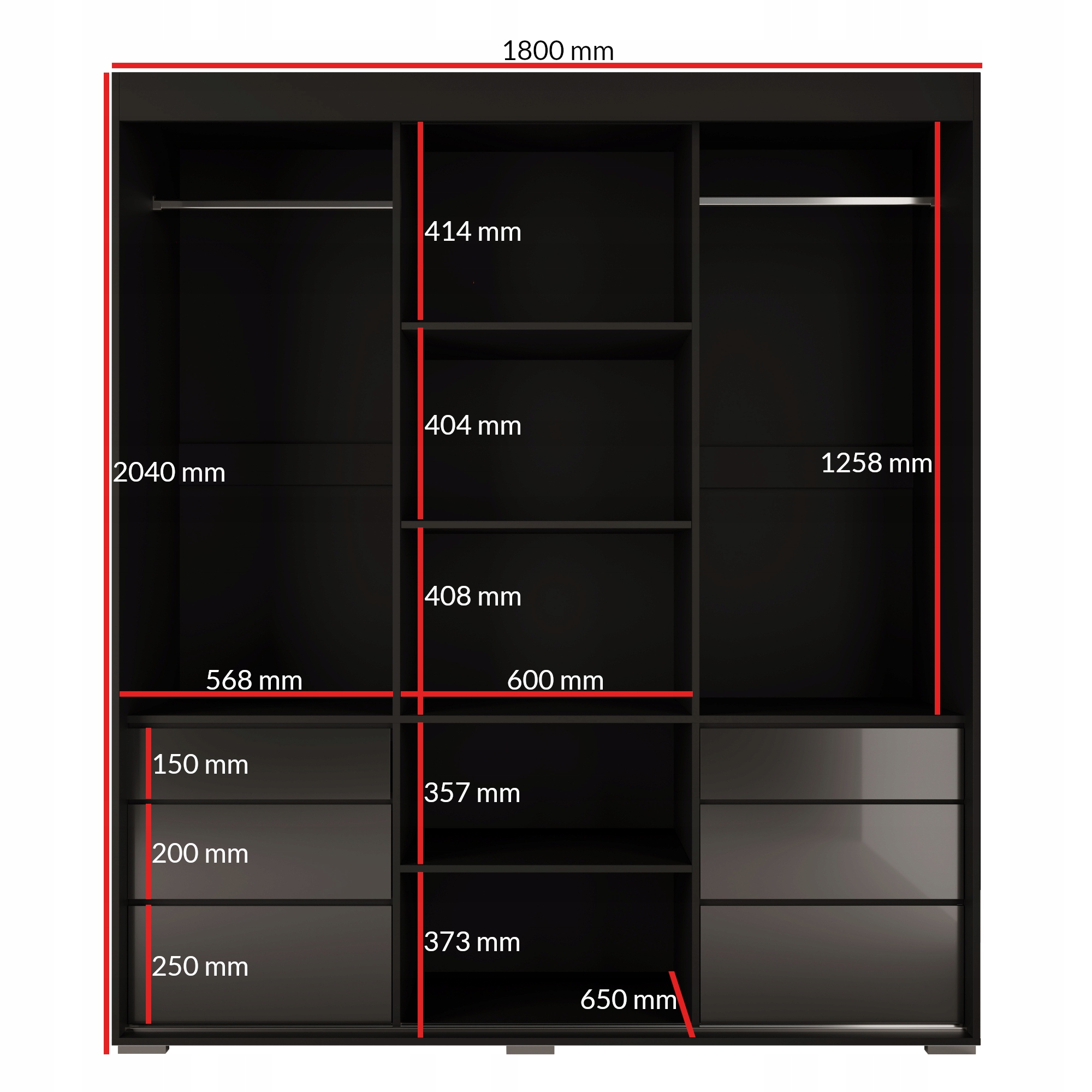 Szafa przesuwna z szufladami Torino 3D 180 Czarna (lacobel)