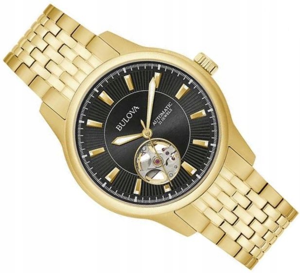 Pánské Hodinky Bulova 97A168 Černo-zlaté Automatické Open Heart Box 43 mm