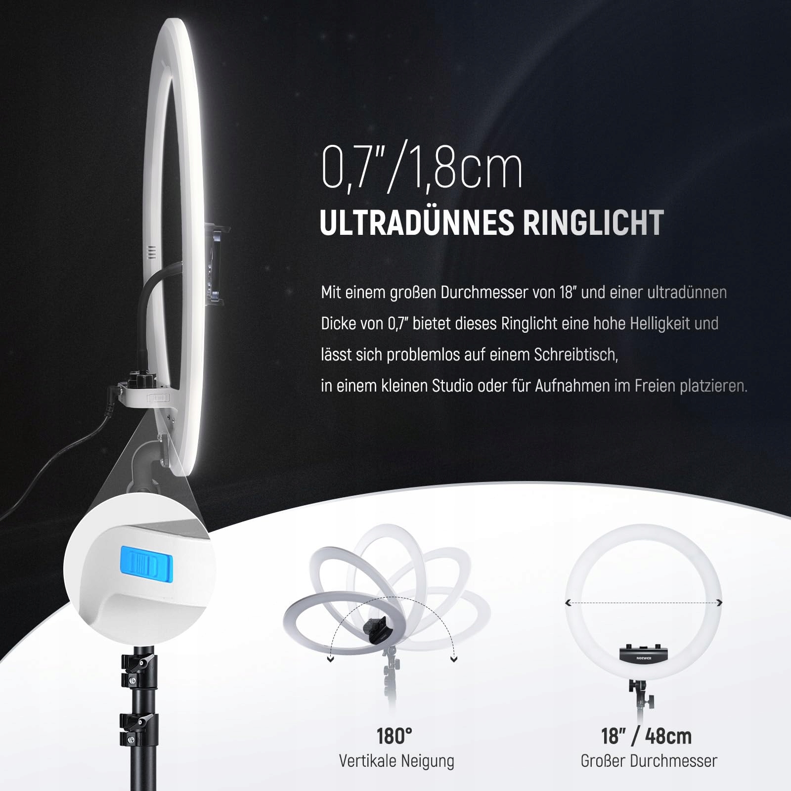 NEEWER Profesjonalne Ring Light 18" 45W Stojak Uchwyt Telefonu Aplikacja — miniatura 2