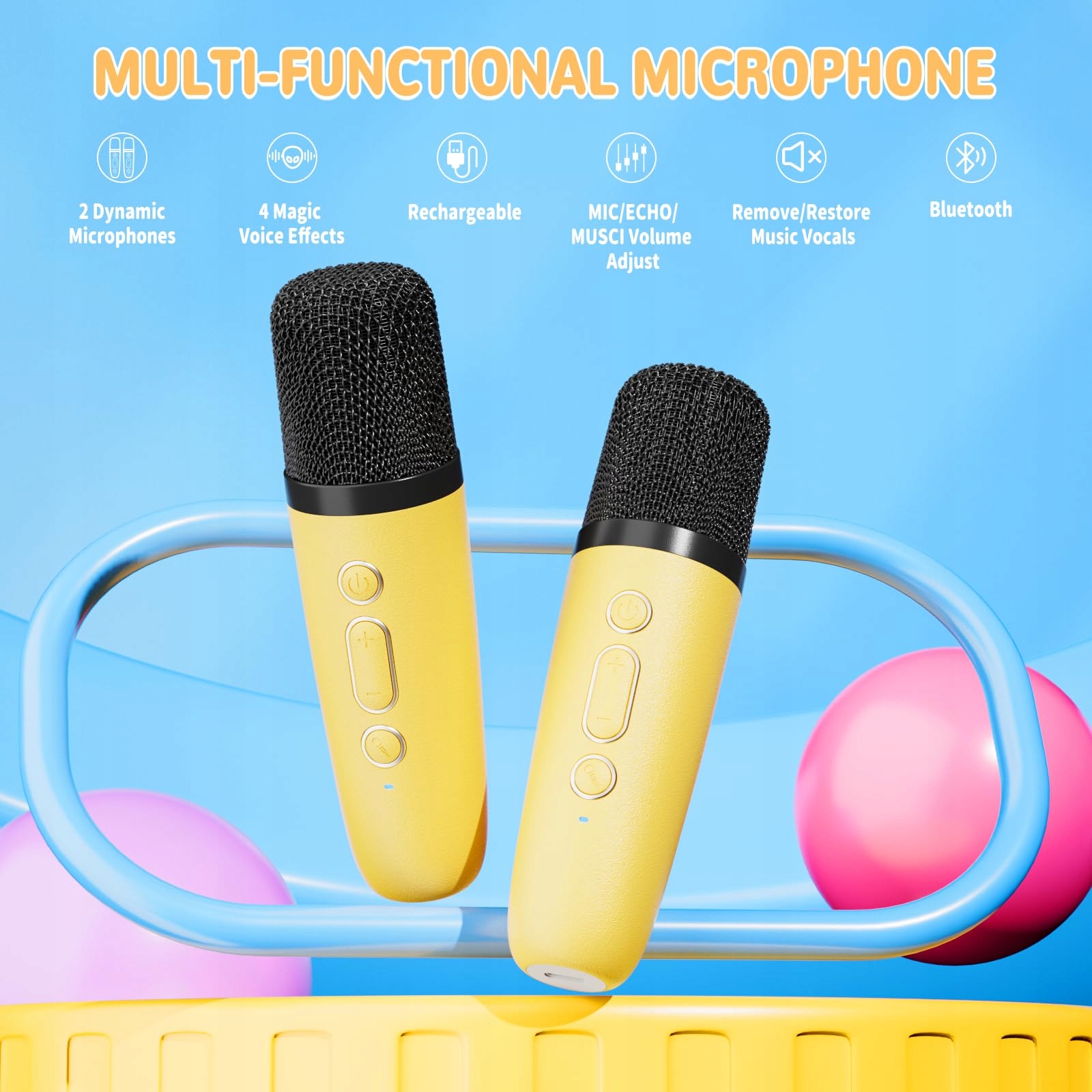 ANKUKA Karaoke Dla Dzieci i Dorosłych Zestaw z 2 Mikrofonami Żółty — miniatura 4