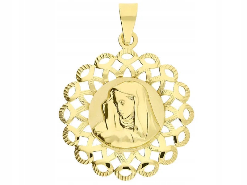 Zlatý přívěsek 585 Zlatý medailon Matka Boží Bolestná kulatý jako dárek