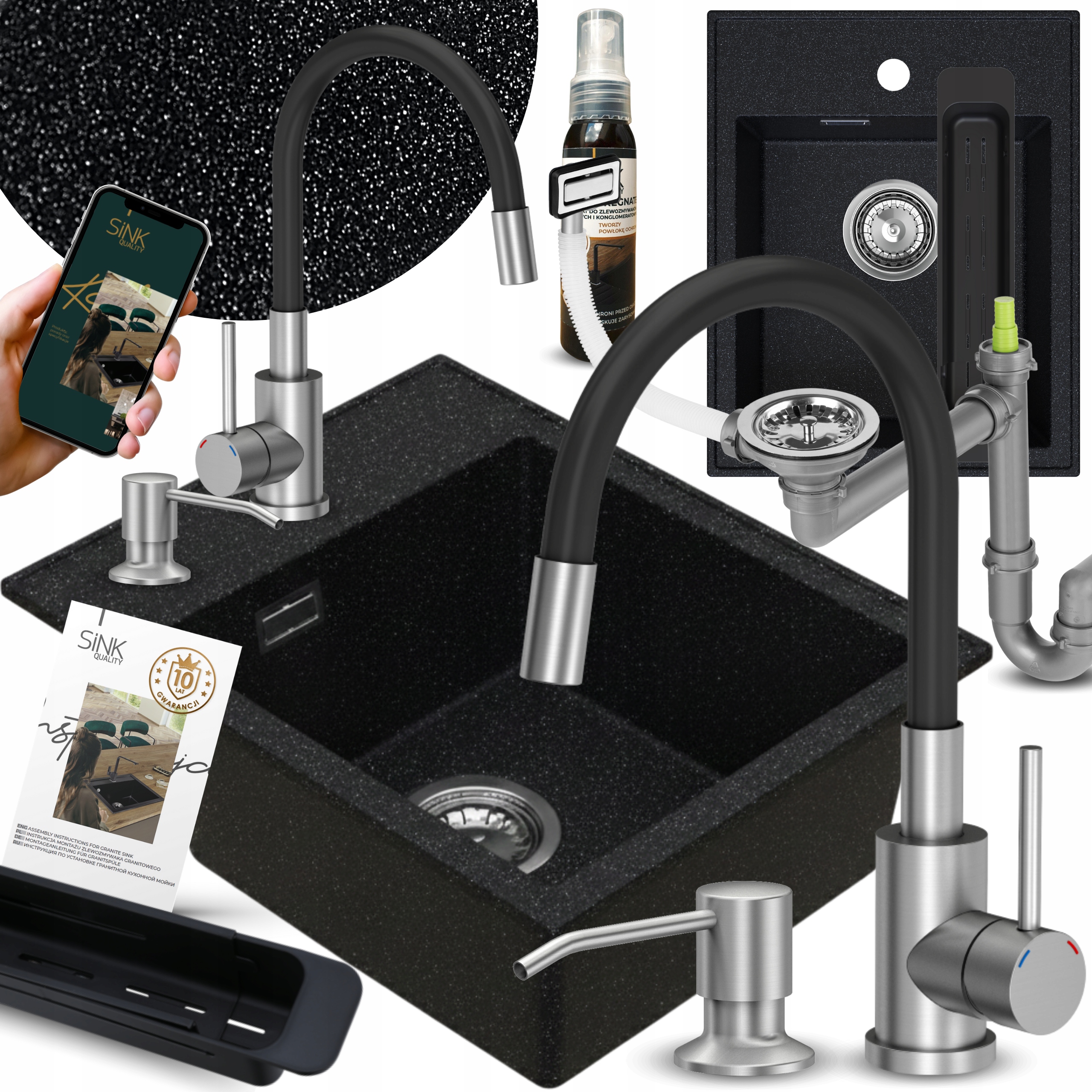 Granitový Dřez 50 Černý Metalický S Odkapávačem, Baterie Dávkovač