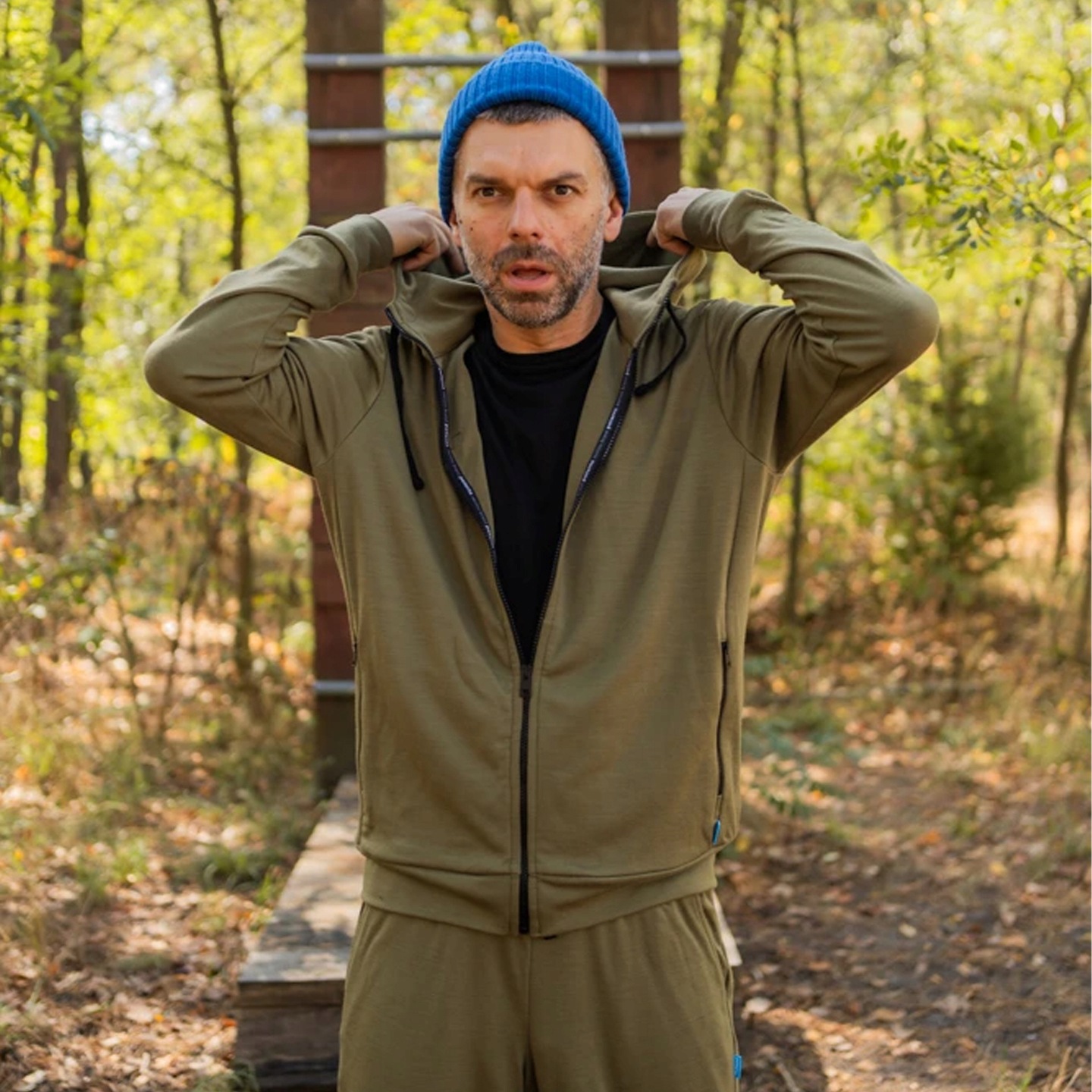 Bluza męska z wełny merino 100% rozpinana z kapturem oliwkowa XXL
