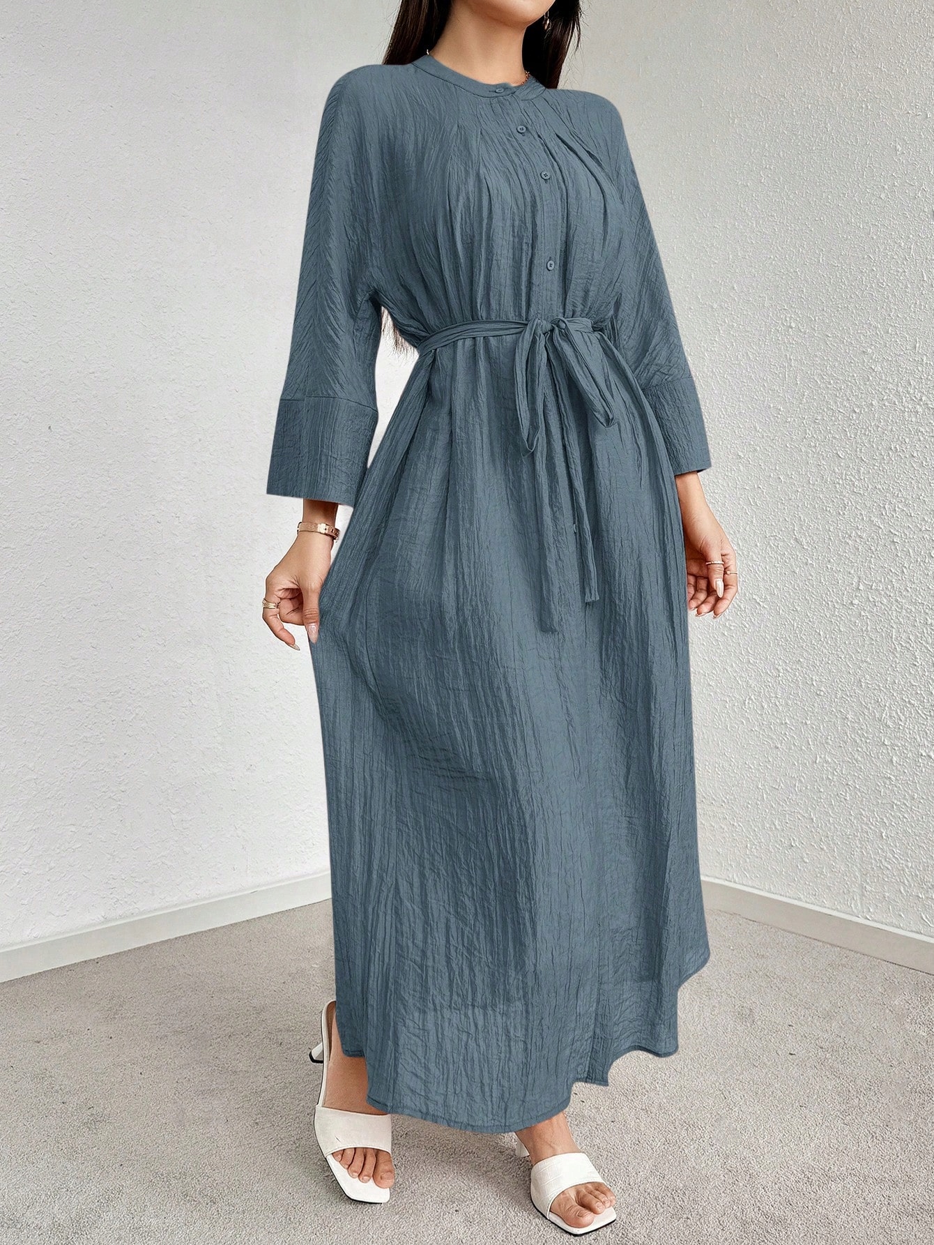 Šaty Košilové S Nařasenou Spodničkou Dusty Blue Casual Shein L 40