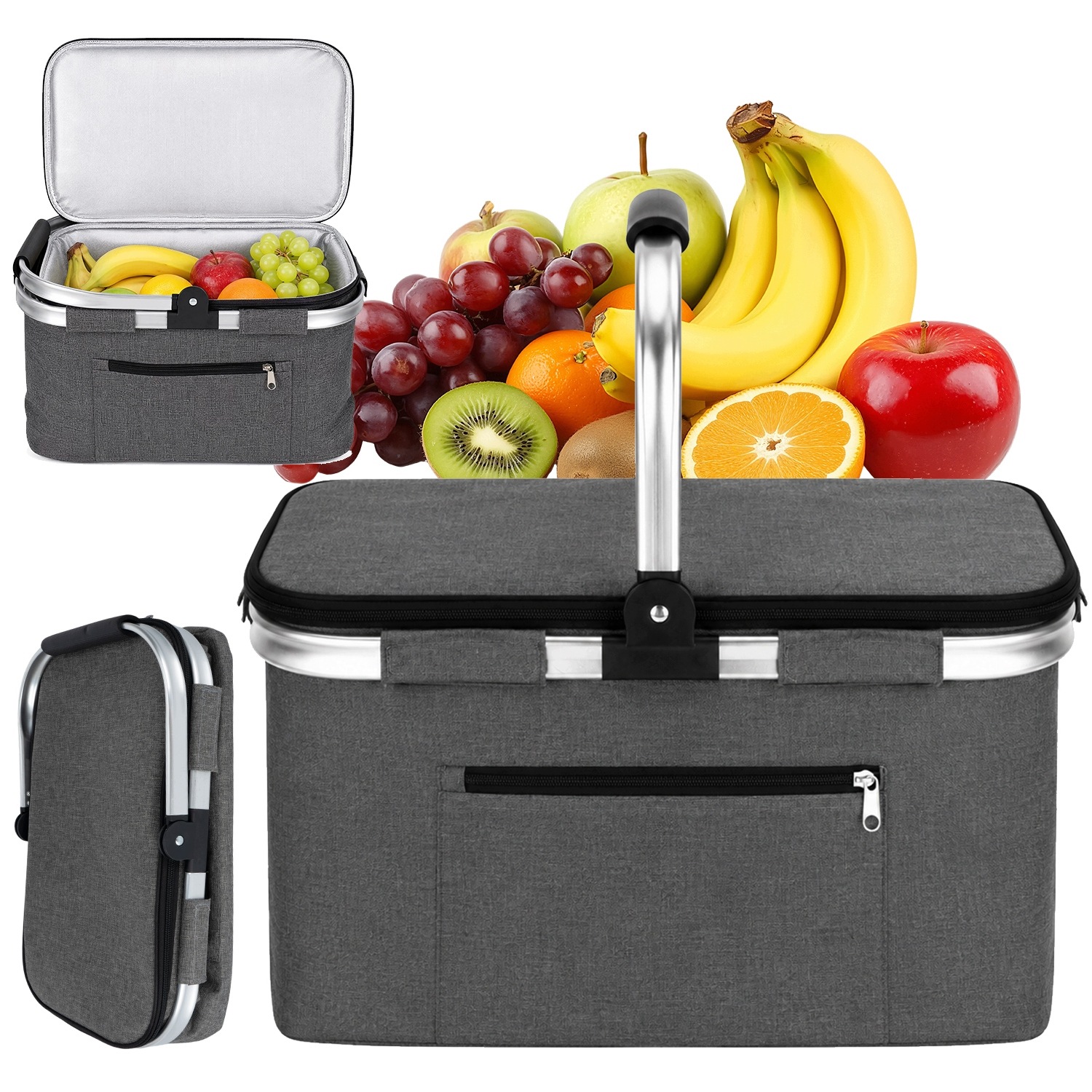 Kosz Piknikowy Termiczny Wodoodporny Przenośny Szary Składany 30L 15KG