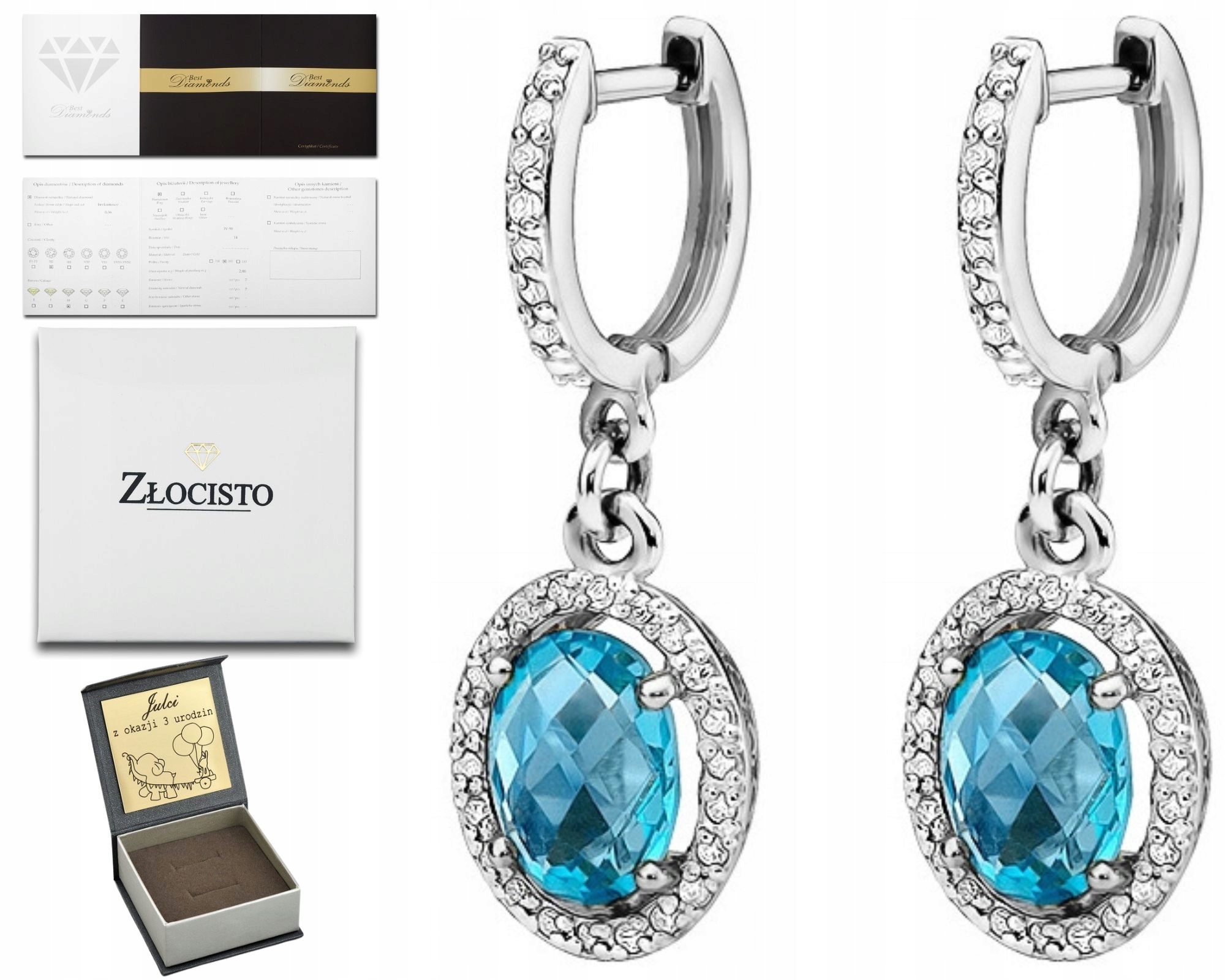 Náušnice Z Bílého Zlata Topaz A Brilianty Gravírování