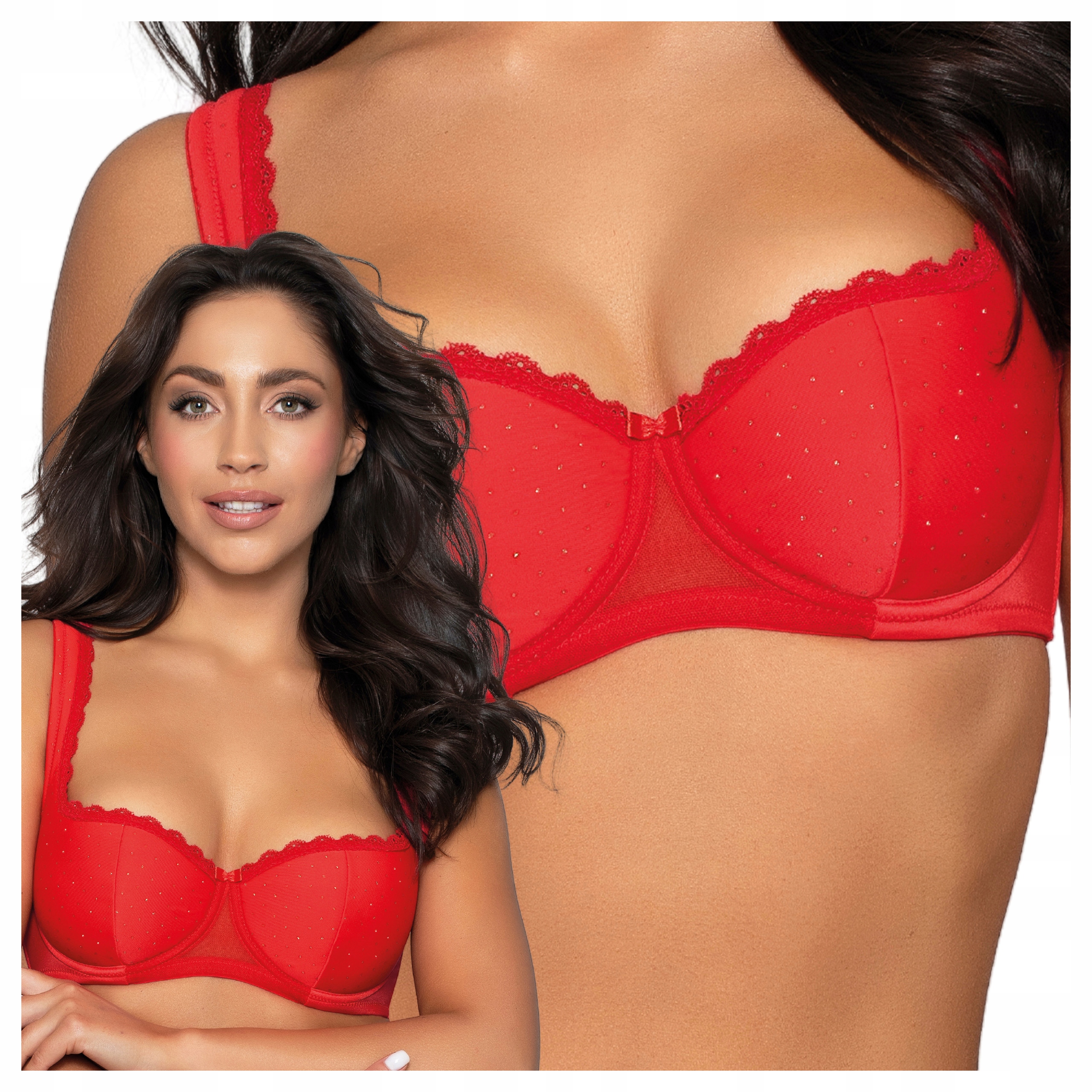 Smyslná podprsenka Balkonetka Vyztužená, hladká s puntíky, 75B, červená