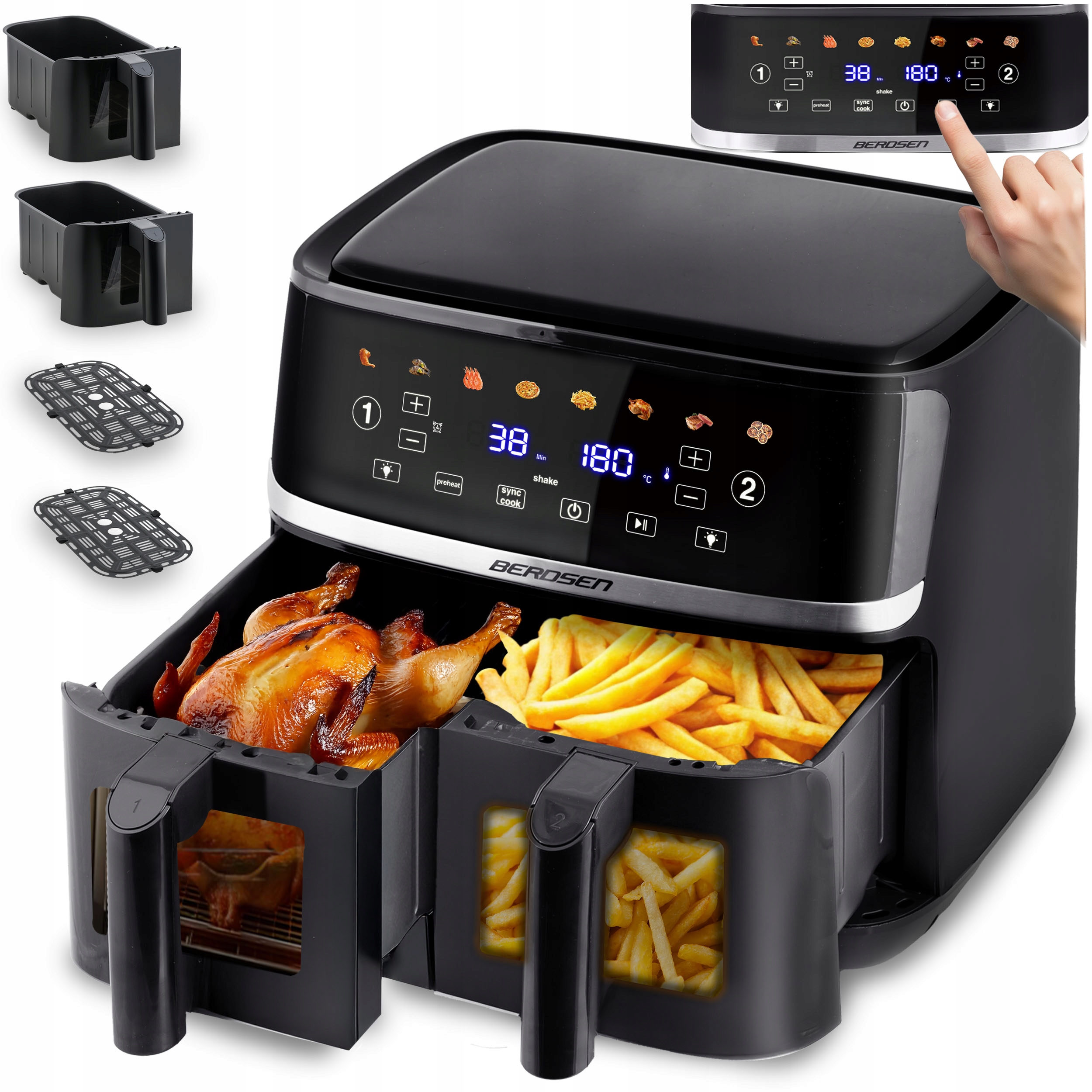 Frytkownica Beztłuszczowa Duża 10,2L Air Fryer XL Dwukomorowa Berdsen 1700W