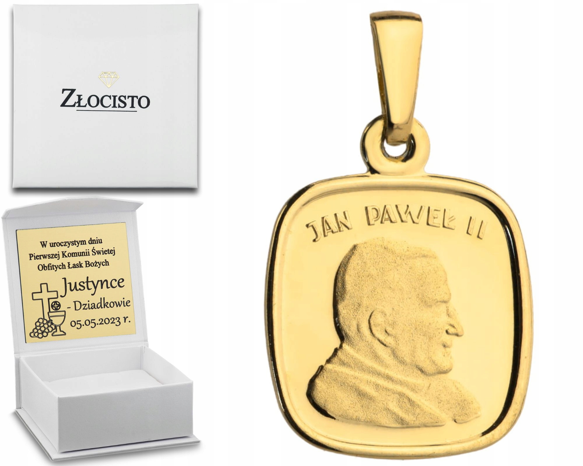 Zlatý Medailonek Přívěsek Papež Svatý Jan Pawel II 585 Gravírování Věnování Křest