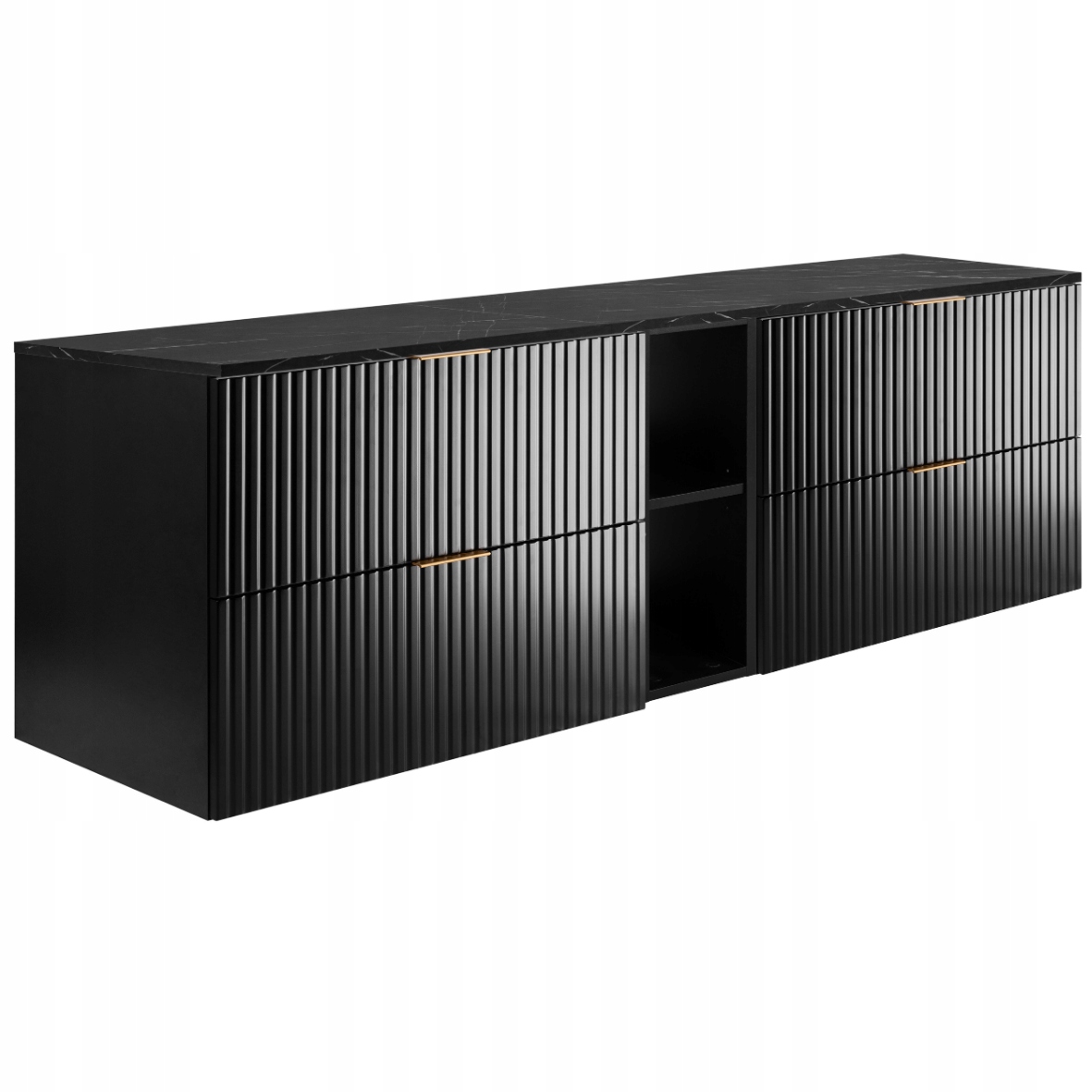 Koupelnová skříňka pod umyvadlo 140 Černá Ryflovaná přední strana Mramorová deska