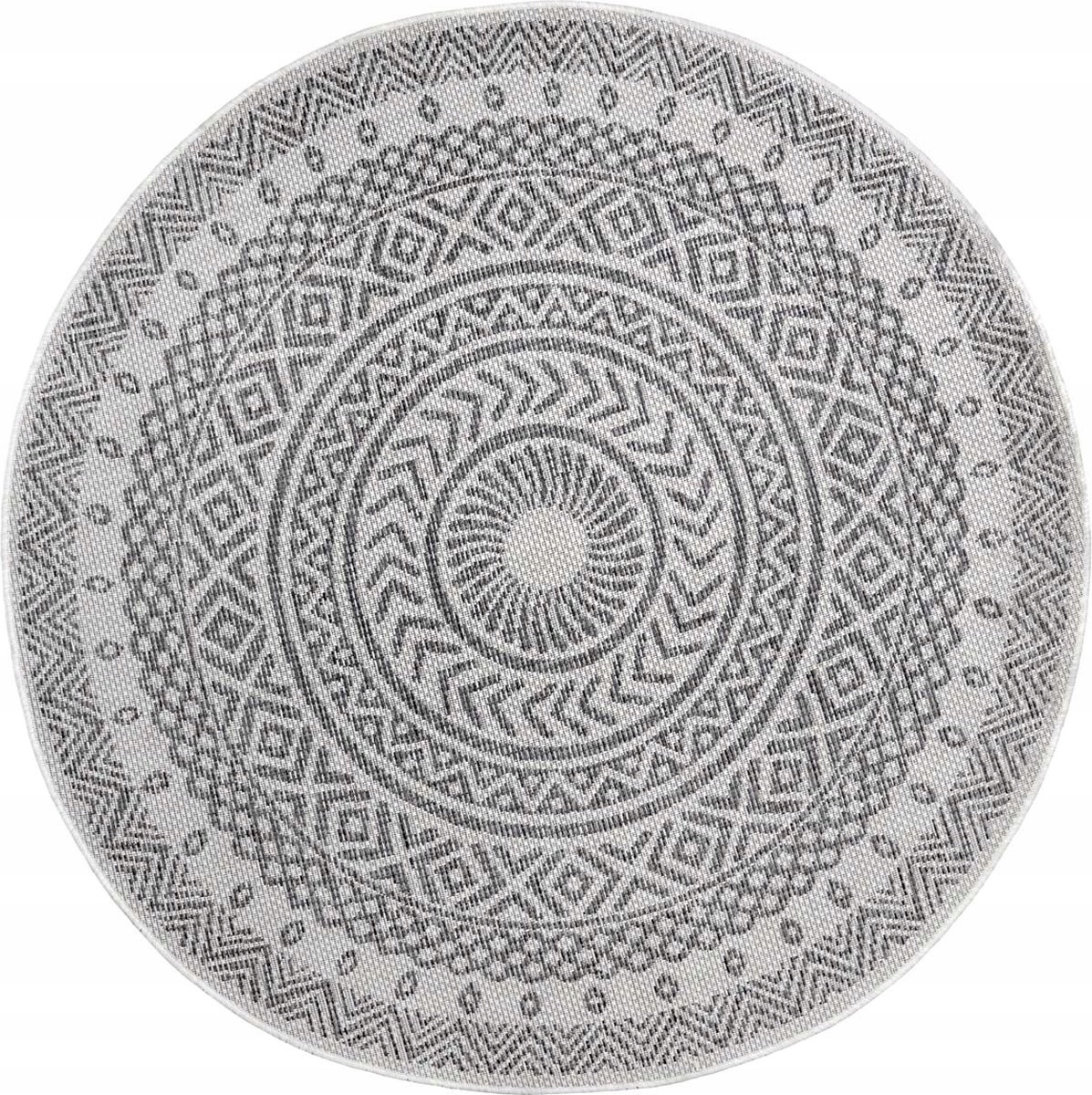 Koberec kulatý na terasu 160 cm, plochý, tkaný šedo krémový vzor mandaly