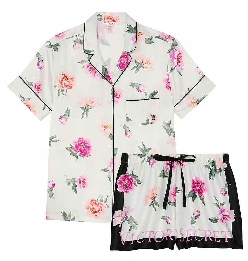 Krátké saténové pyžamo Victoria's Secret bílé s květinami Xs (s)