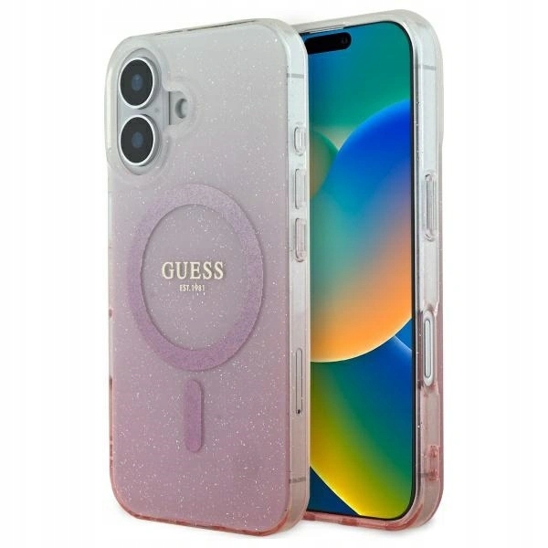 Pouzdro Guess pro Apple iPhone 16 hardcase IML Glitter Gradient MagSafe růžové