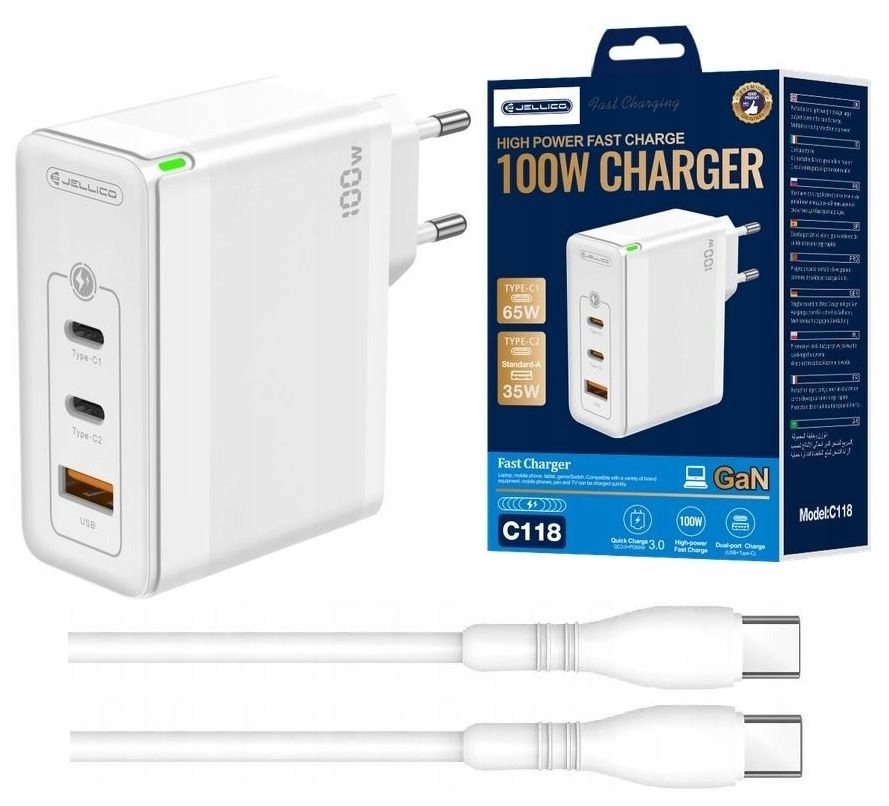 Zestaw Ładowarka 2 x Usb-c 1 x Usb-a Pd 100W Kabel Usb C Qc 3 Gniazda GaN