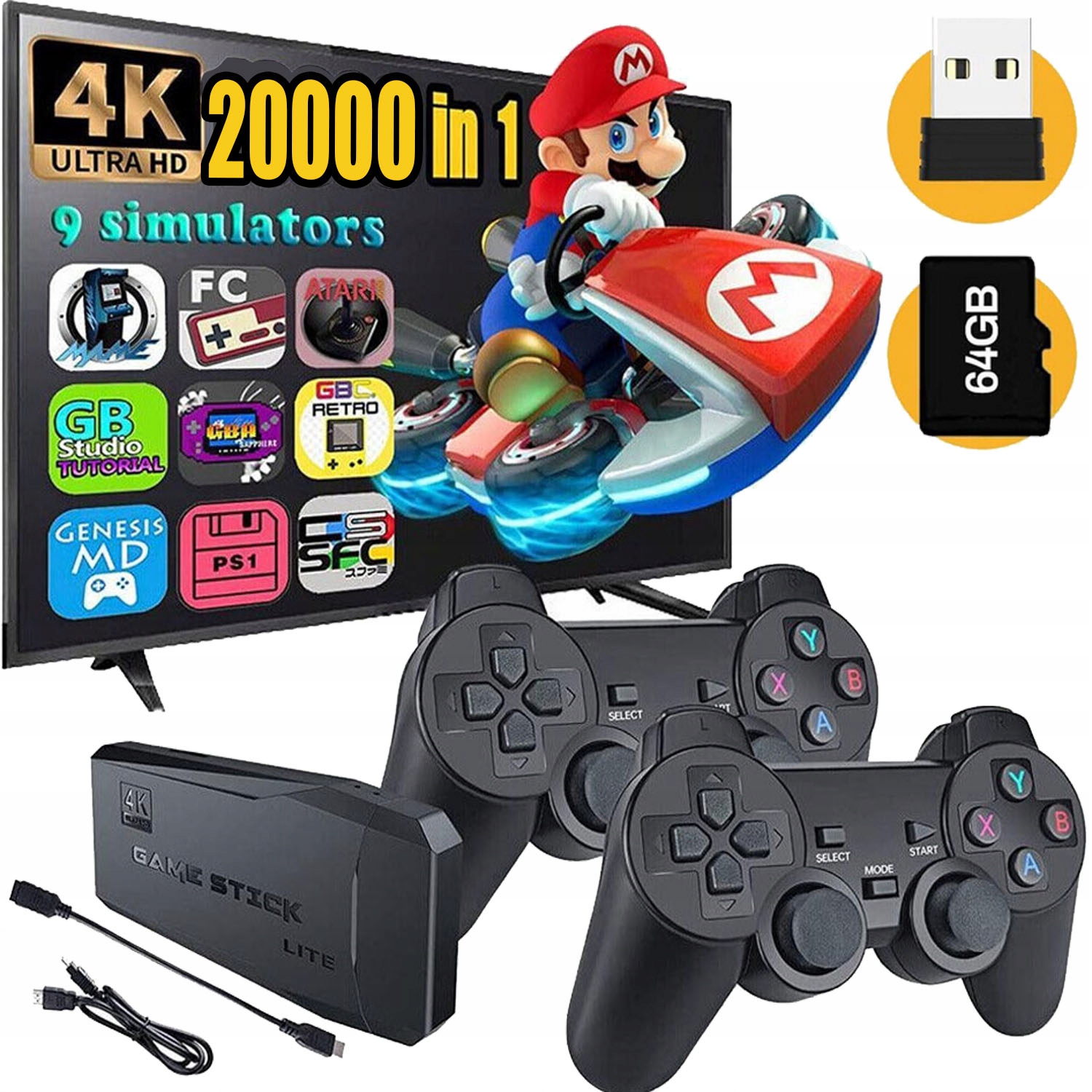 Konsola Retro Gra Telewizyjna Bezprzewodowe 2 Pady 64G 20000 Emulator Gier