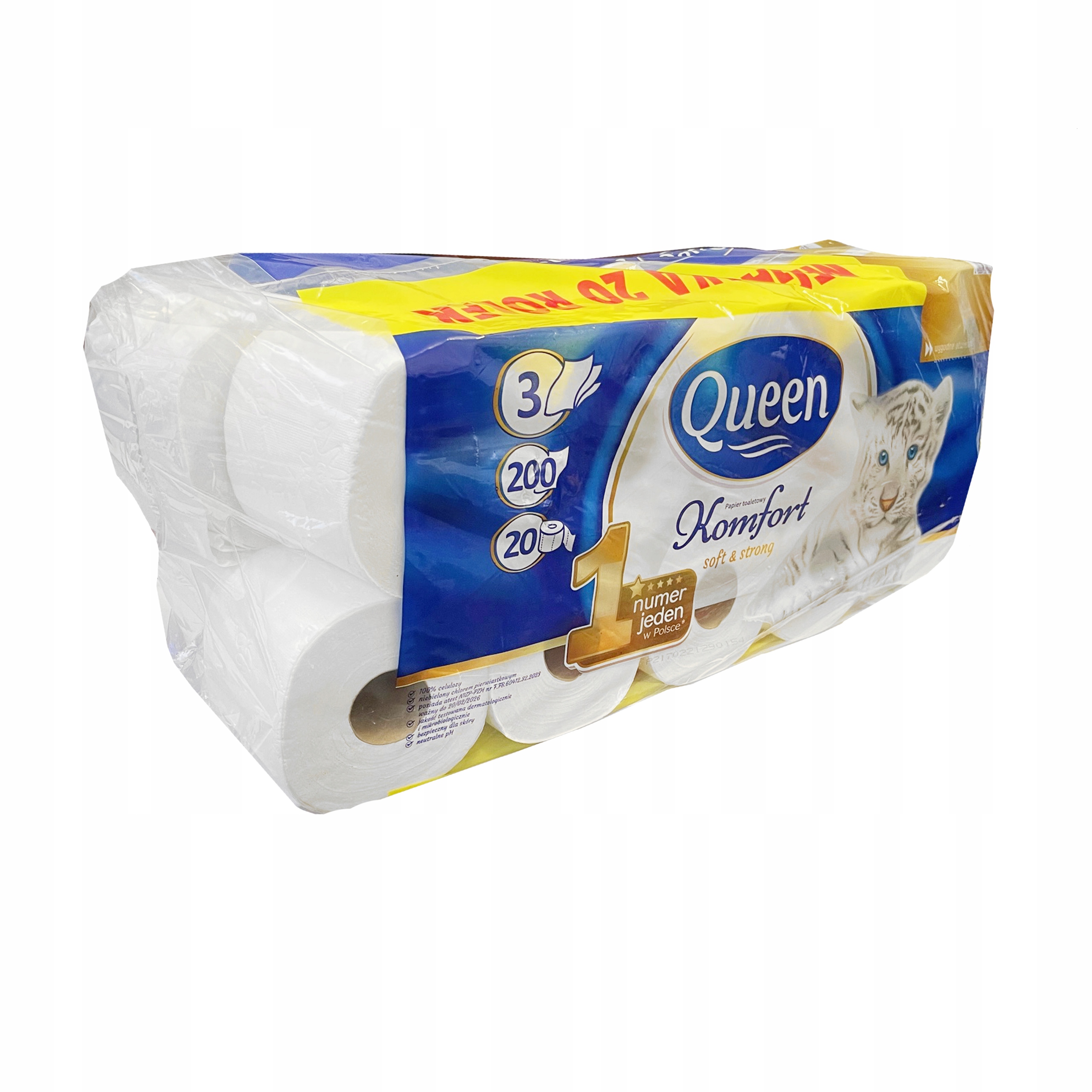 PAPIER TOALETOWY QUEEN 20 ROLEK 3 WARSTWOWY BIAŁY SOFT&STRONG 200 LISTKÓW Stan opakowania oryginalne