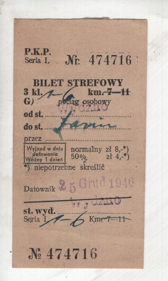 Bilet PKP, Wydzno do Łasin, 1946r., -25