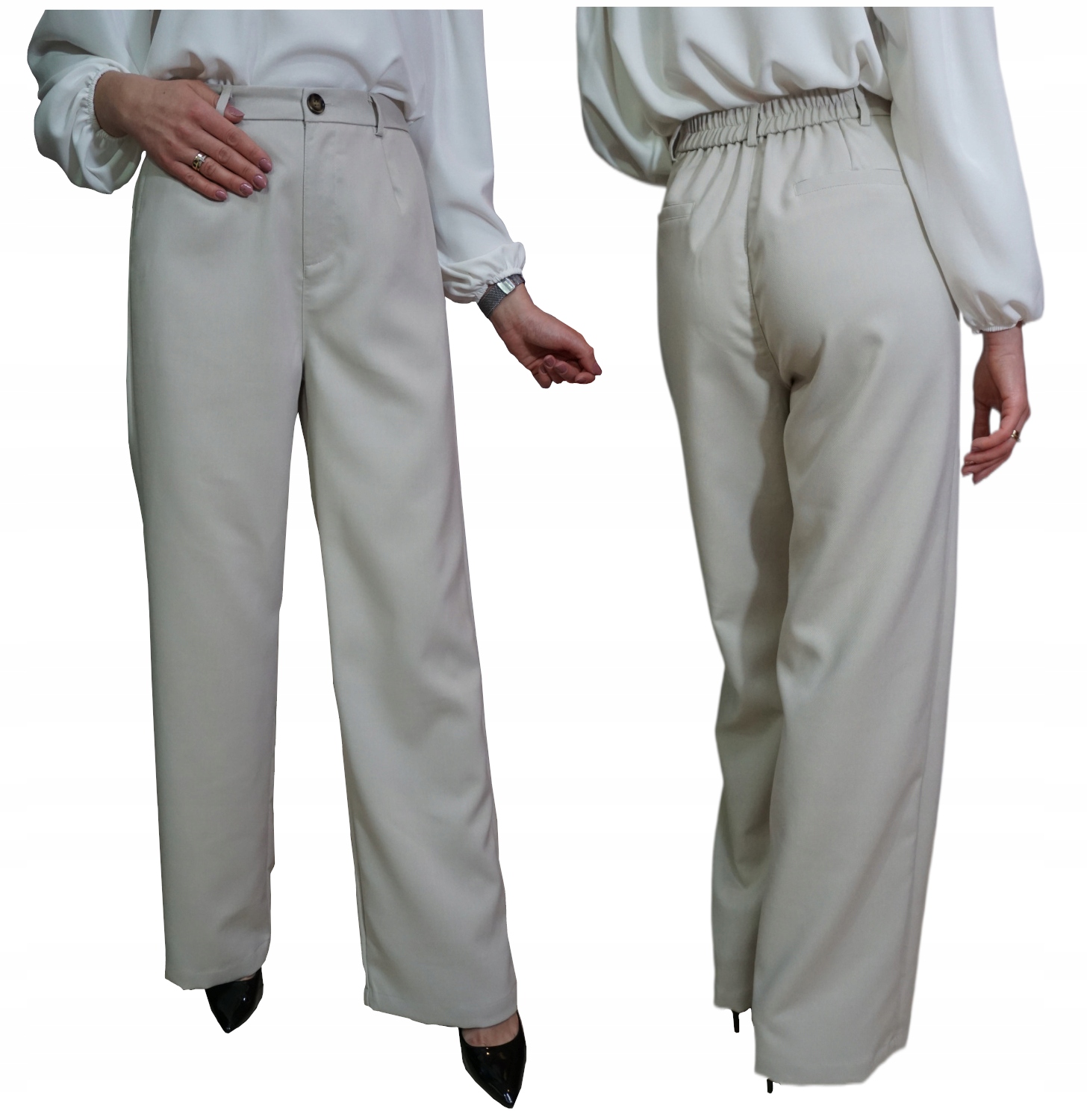 Elegantní Dámské Kalhoty Široké, Rovné S Gumičkou, Vysoký Pas Freesia L