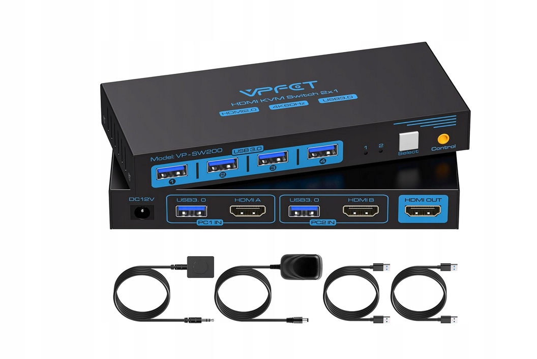 Přepínač Kvm Usb 3.0 Box 2x Hdmi 4K Dva monitory Vpfet Vp-sw200