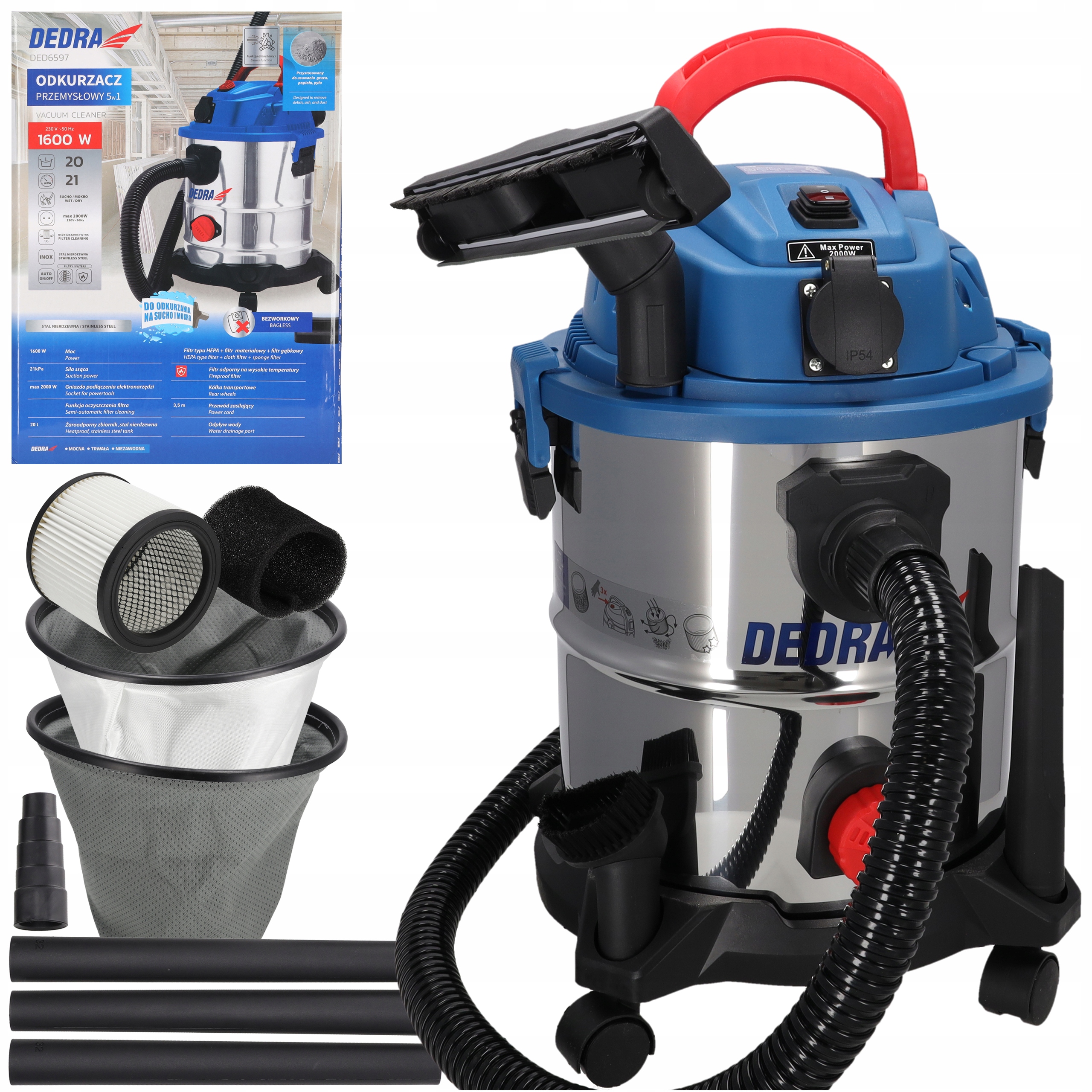 Odkurzacz Dedra 1600W Gniazdo 20L Bezworkowy Gipsu Gruzu Popiołu Kominkowy