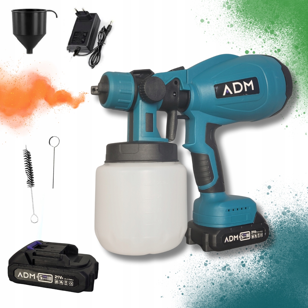 Pistole na malování Adm 21V s 2 akumulátory Bezdrátová 800 ml