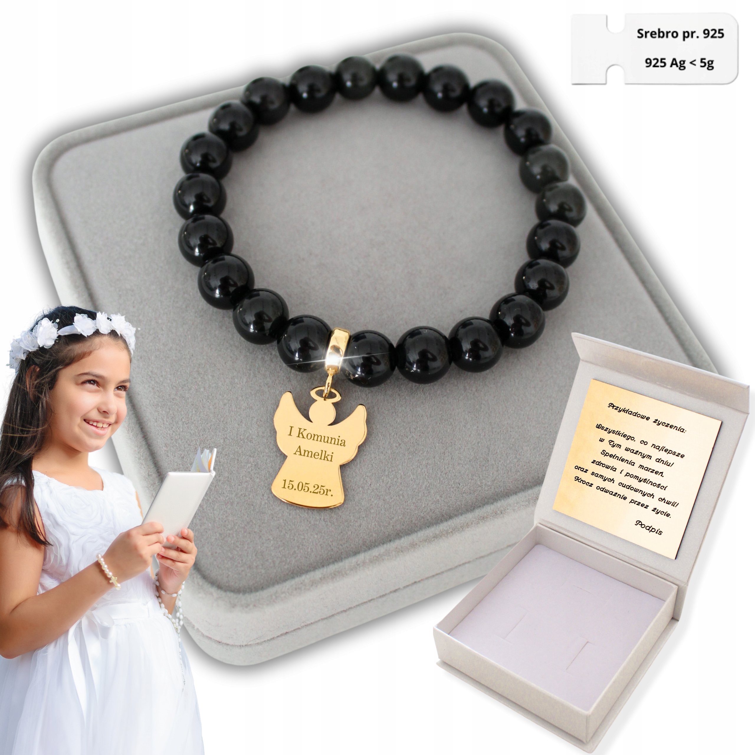 Zlatý náramek s andělem pro dívku Dárek k přijímání Gravírování 925