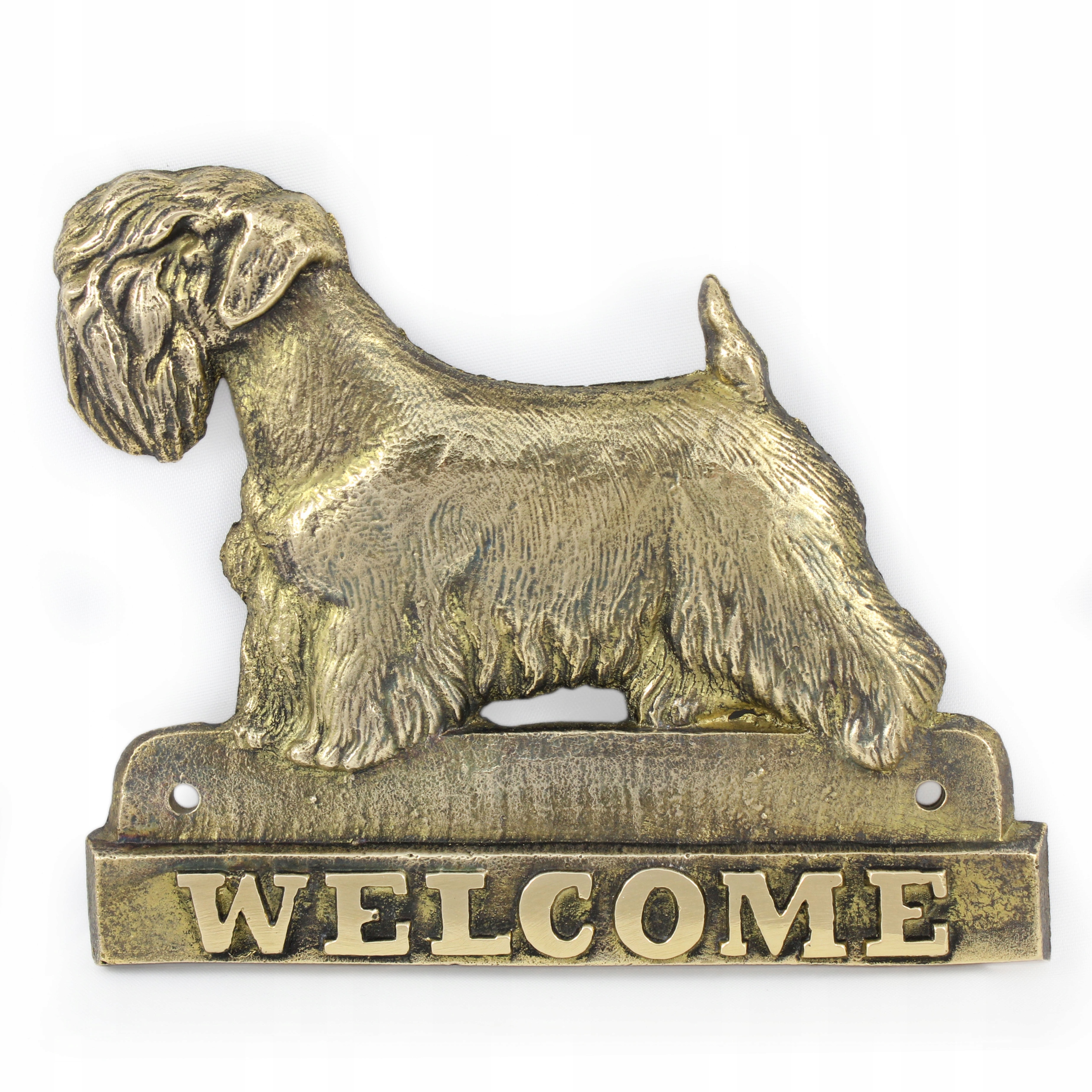 Sealyham Terrier mosadzná tabuľa na dvere so psom, štítok Welcome