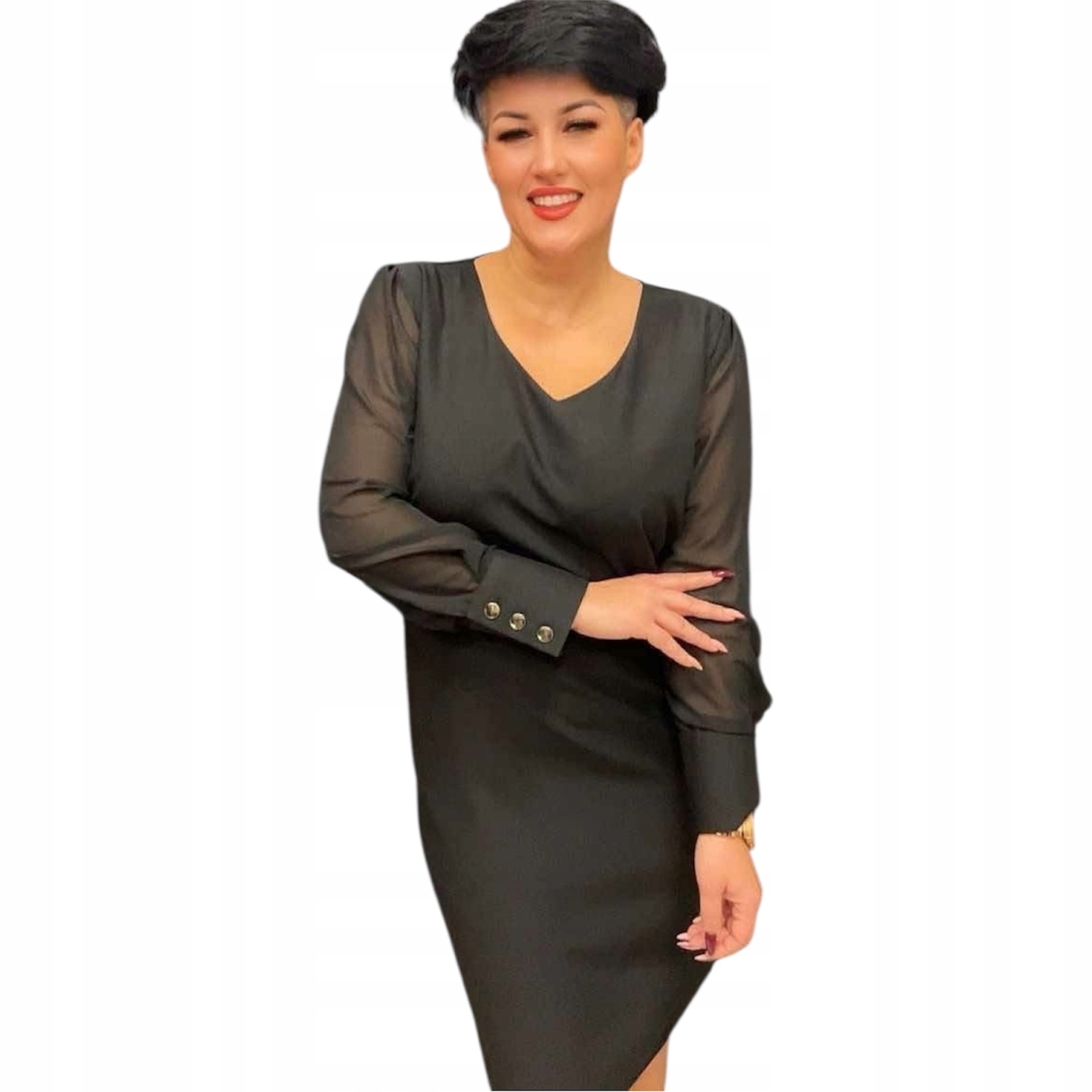 Šaty vizitková černá, šifonové rukávy, Plus Size, velikost 44/46