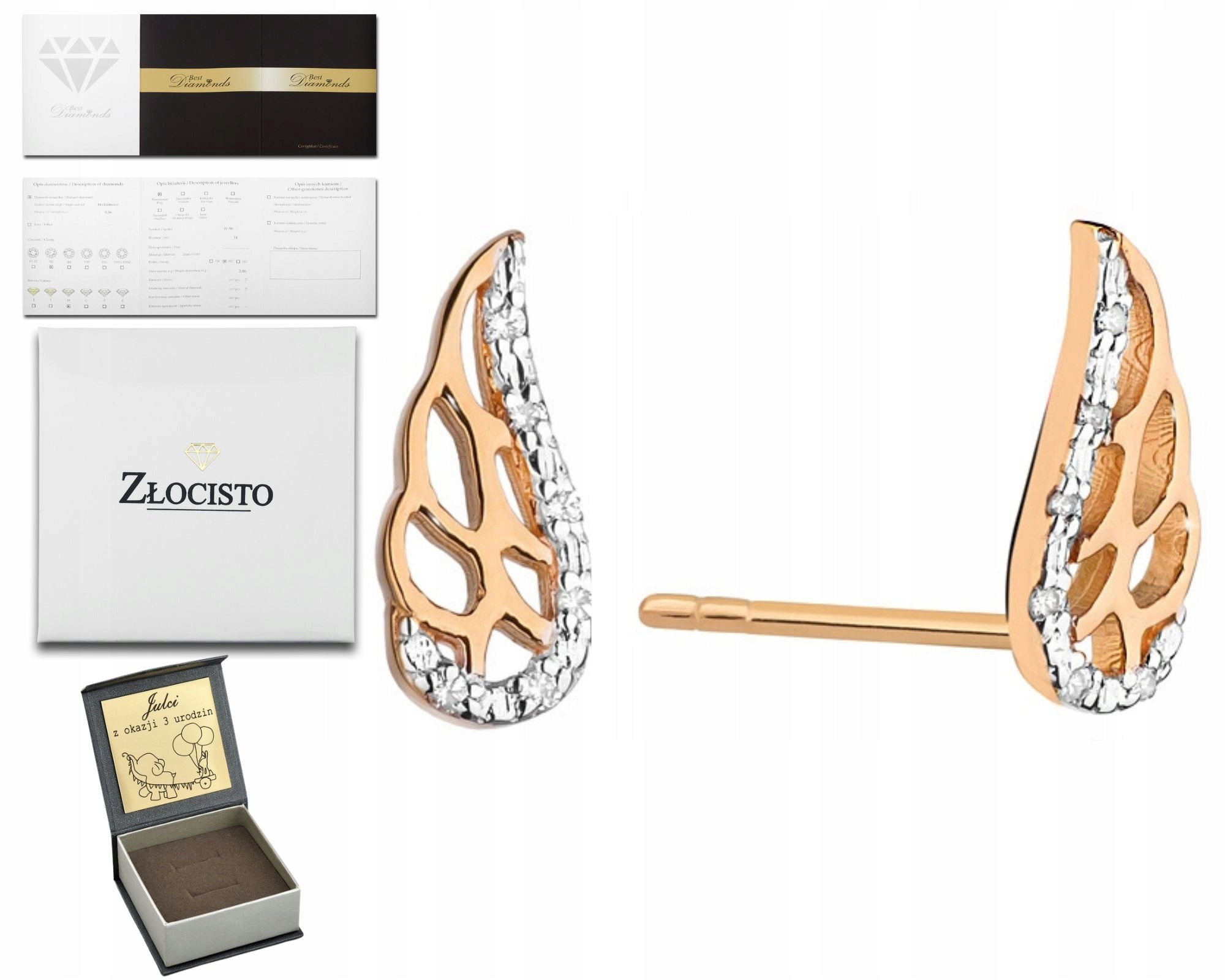 Růžové Zlato – Náušnice S Brilianty Andělského Křídla