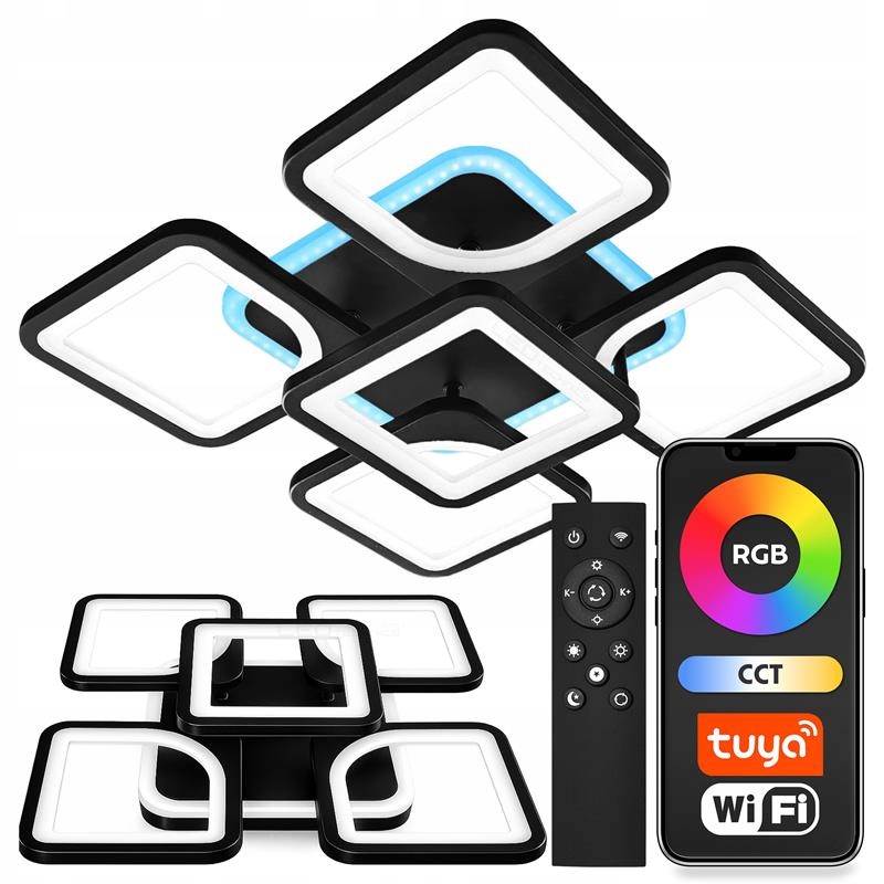 Lampa Sufitowa Czarna Plafon Rgb Cct 72W Led 7920lm Aplikacja Tuya Smart
