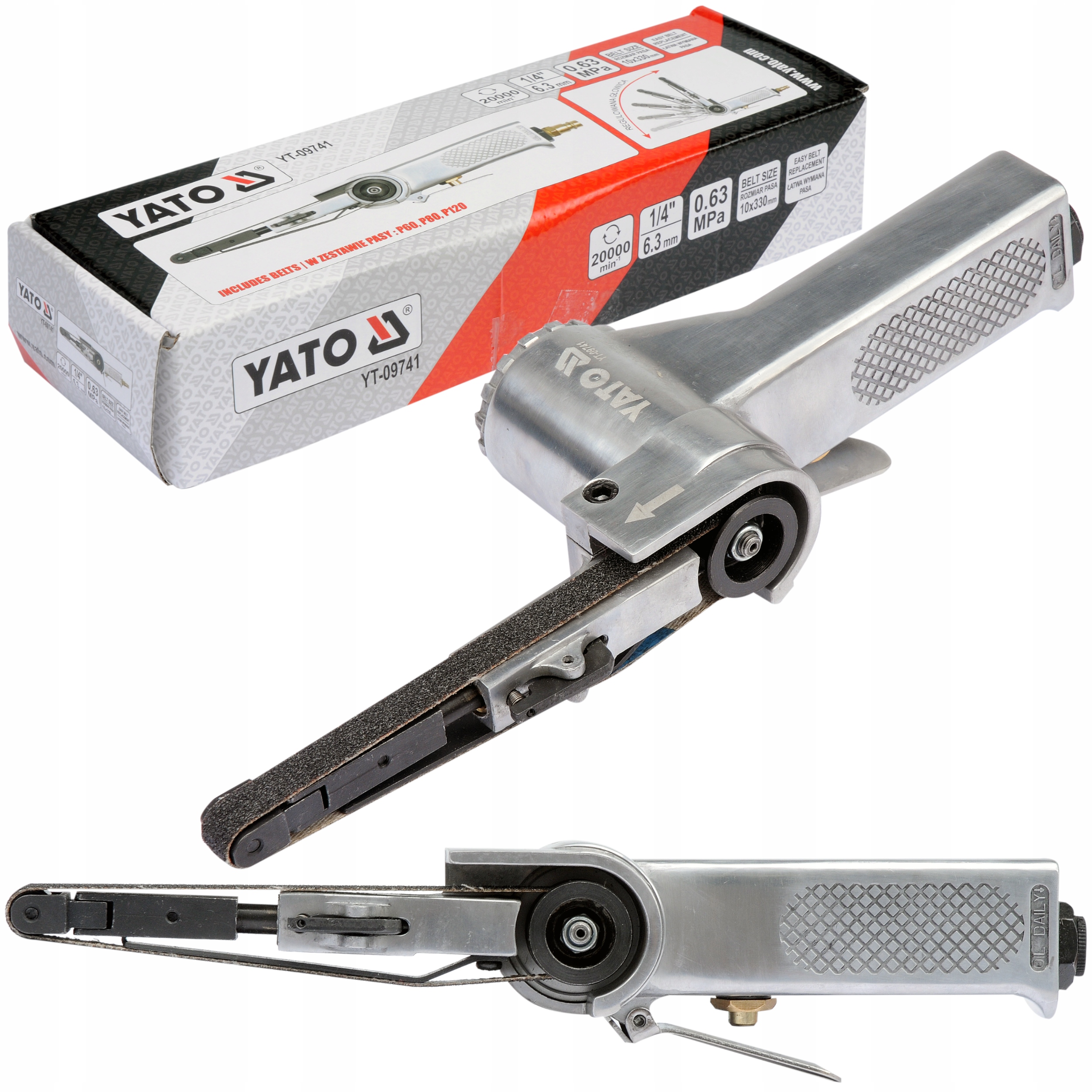Szlifierka Taśmowa Pneumatyczna Yato 10x330 mm Regulowana Głowica Czołg
