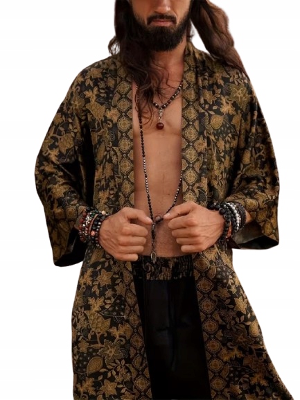 Elegantní Černo-zlatý Glamour Saténový Župan S Kardiganem Kimono Streetwear