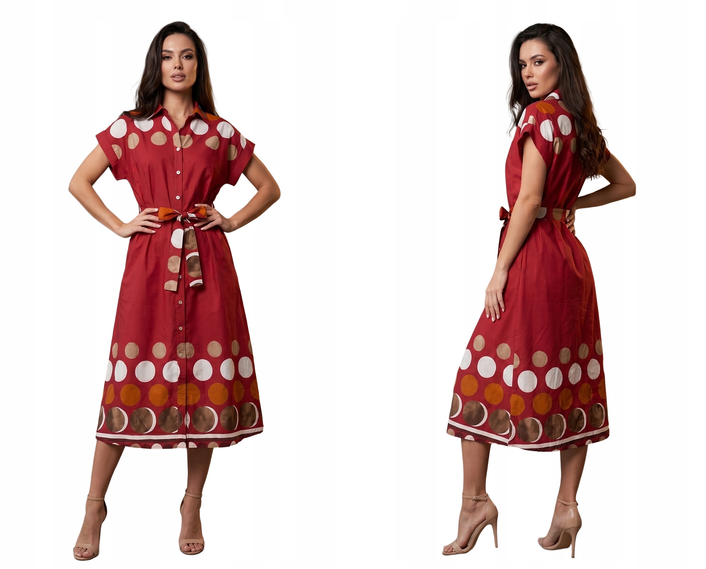 Šaty Košilové MIDI Elegantní S Puntíky Dlouhé Vzdušné Premum Červené