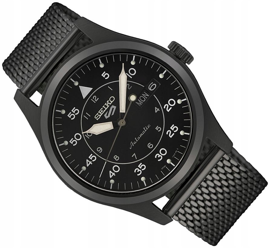 Pánské Hodinky Seiko 5 SRPH25K1 Automatický Dálkový Ovladač Černý Mesh S Datem Box