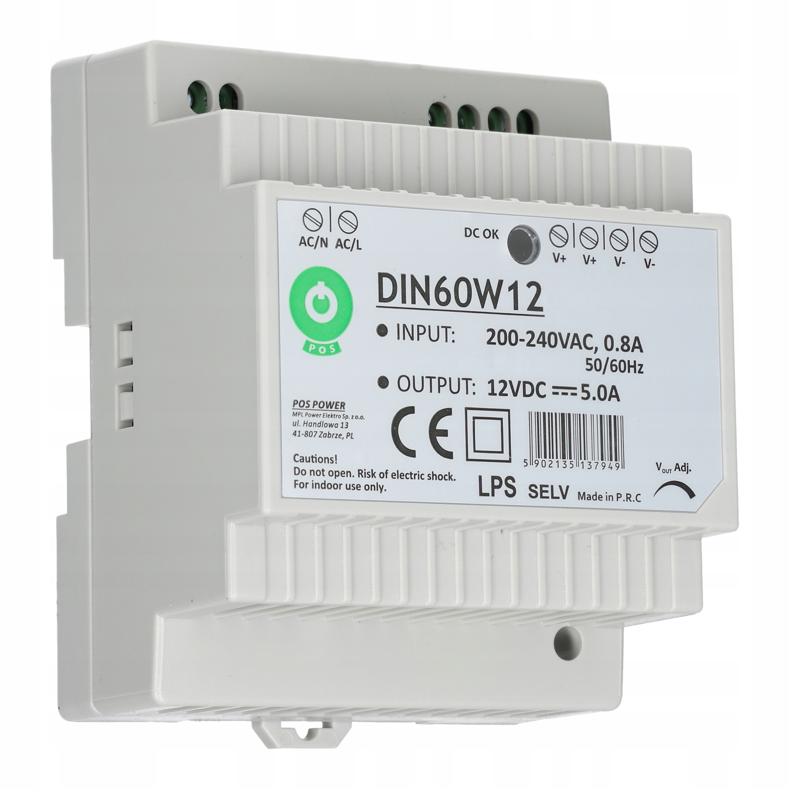 Zasilacz taśm LED na szynę DIN TH35 5A 60W 12V Kod producenta DIN60W12