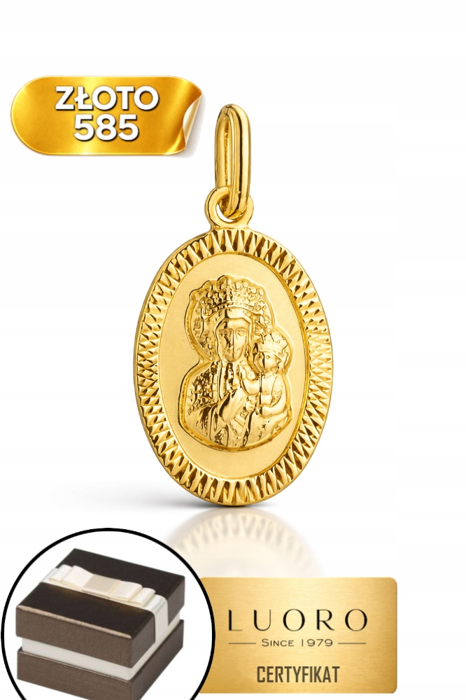 Zlatý Medailon 585 14K Panna Maria Čenstochovská Ovál Diamantový 24 MM