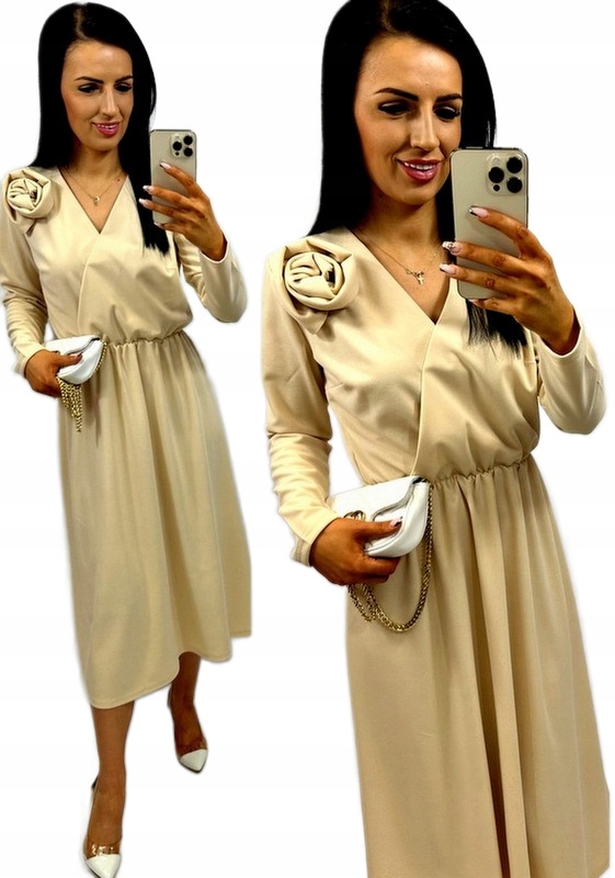 Šaty midi zavinovací výstřih s růží šaty na přijímání křest béžová L