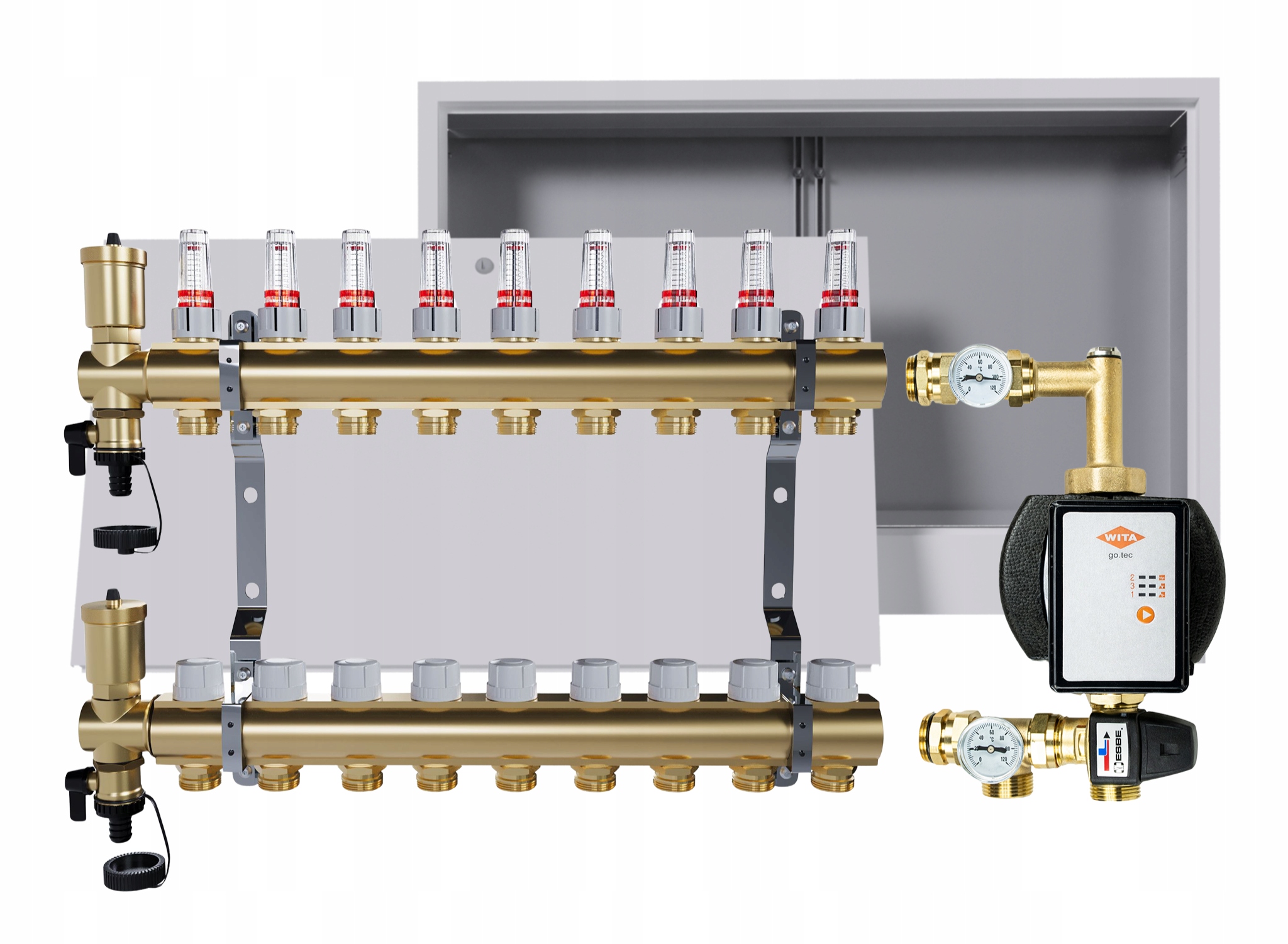Rozdělovač pro podlahovou krytinu 9 okruhů s Wita skupinou podomítková skříňka