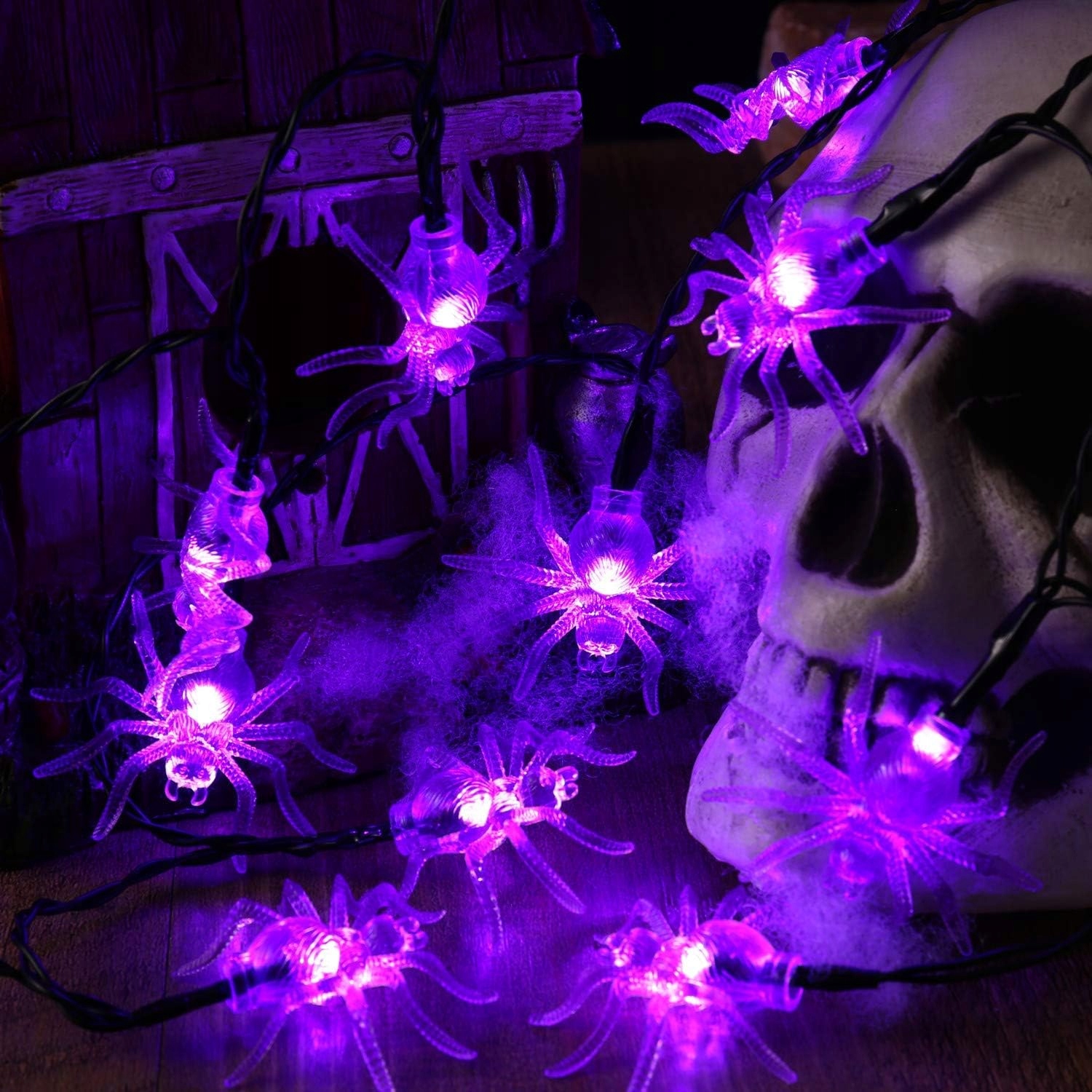 Světelný řetěz s pavoukem na Halloween, 30 Led diod, fialový