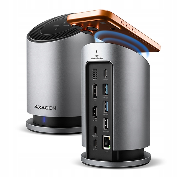 Axagon HMC-WL9, Usb 10Gbps hub s Qi, 3x Usb-a, Usb-c, Hdmi a Dp 4k/ 60Hz,…