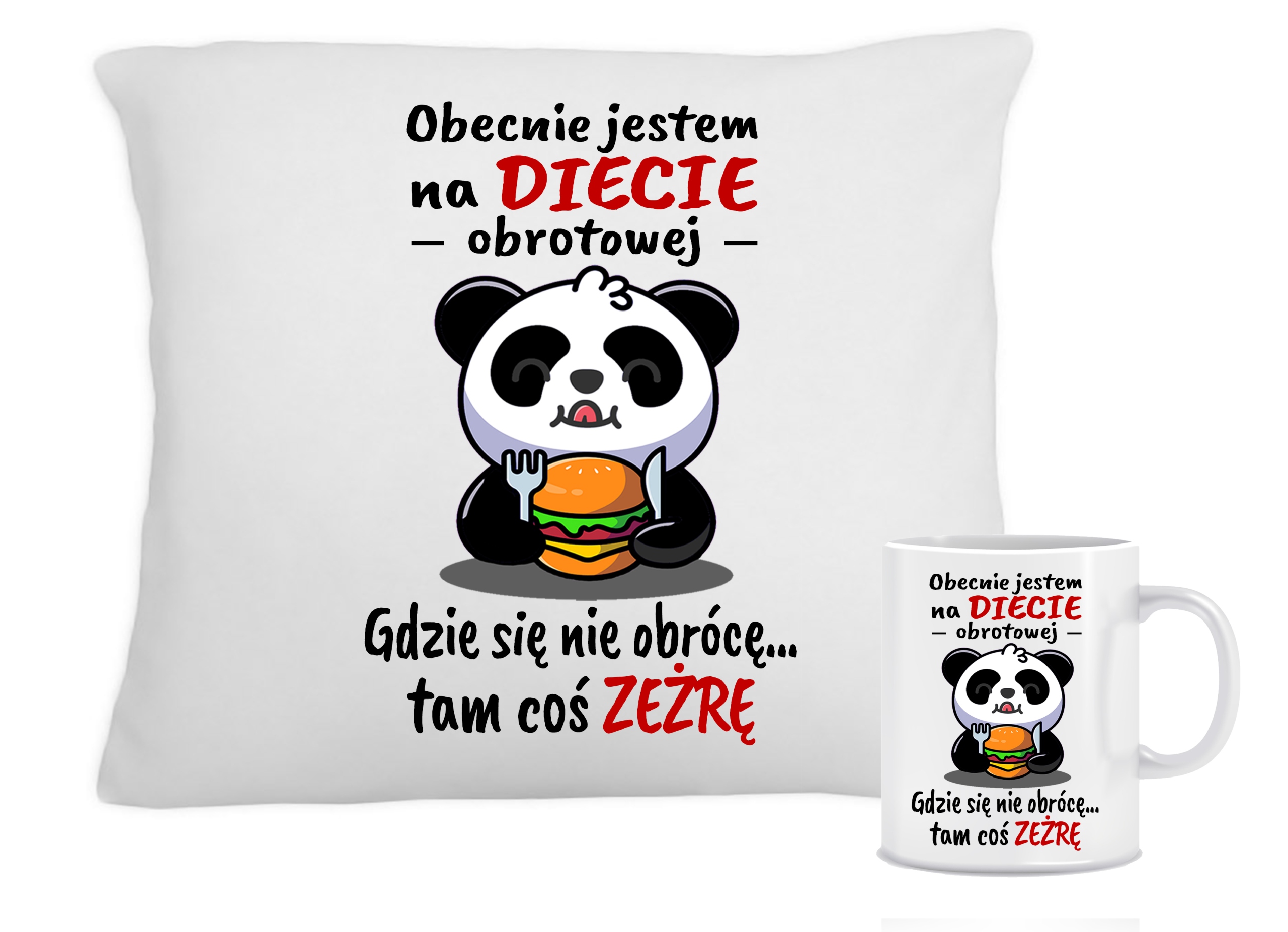

Zestaw Poduszka Kubek Śmieszny Panda Dieta