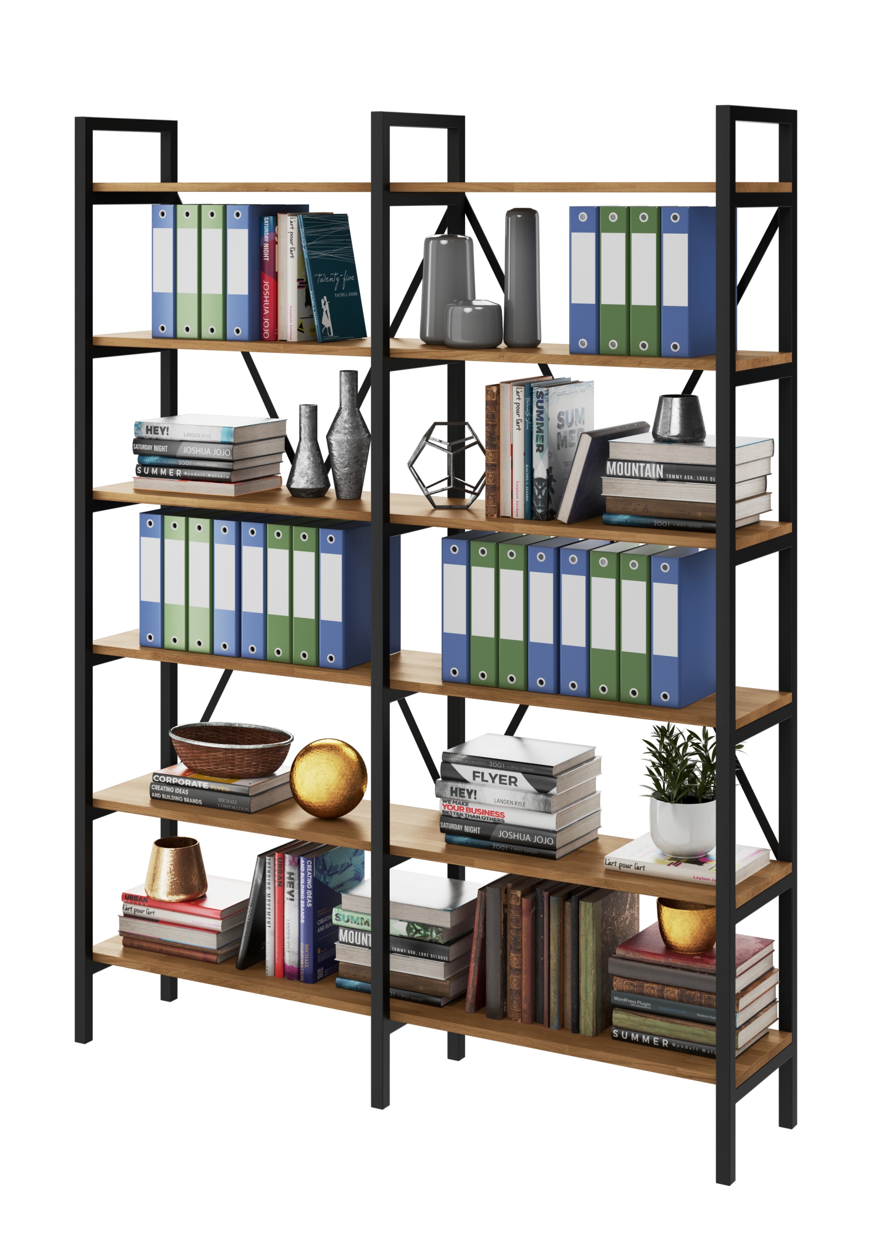 Kancelářský loftový regál na segregátory, kov a dub Medium-office D6+R 200x30 cm