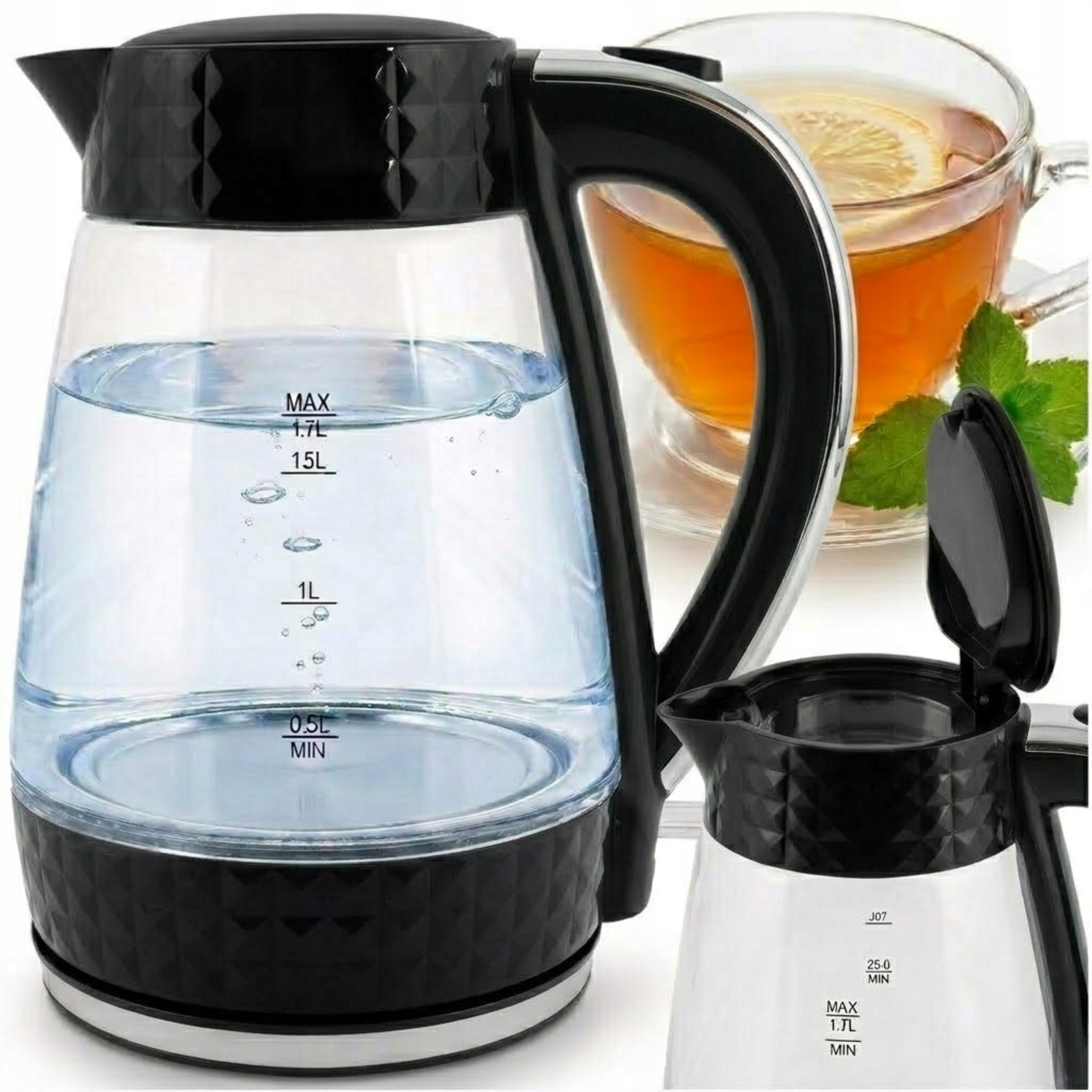 Czajnik Elektryczny Szklany Bezprzewodowy Cichy Łucznik 1,7L 2200W Czarny