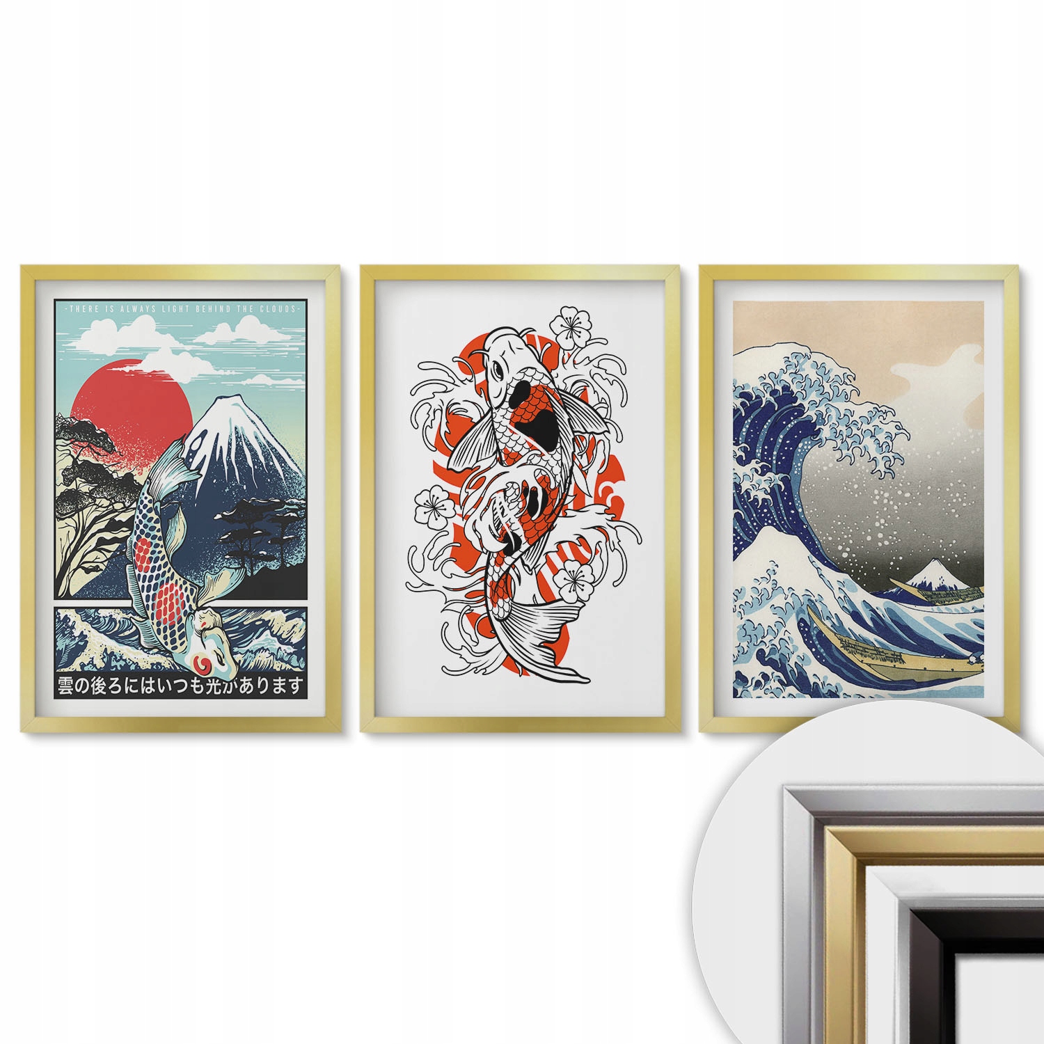 Sada obrazů pro kancelář nebo chodbu 40x60 Hory a ryby Velká vlna Japonsko